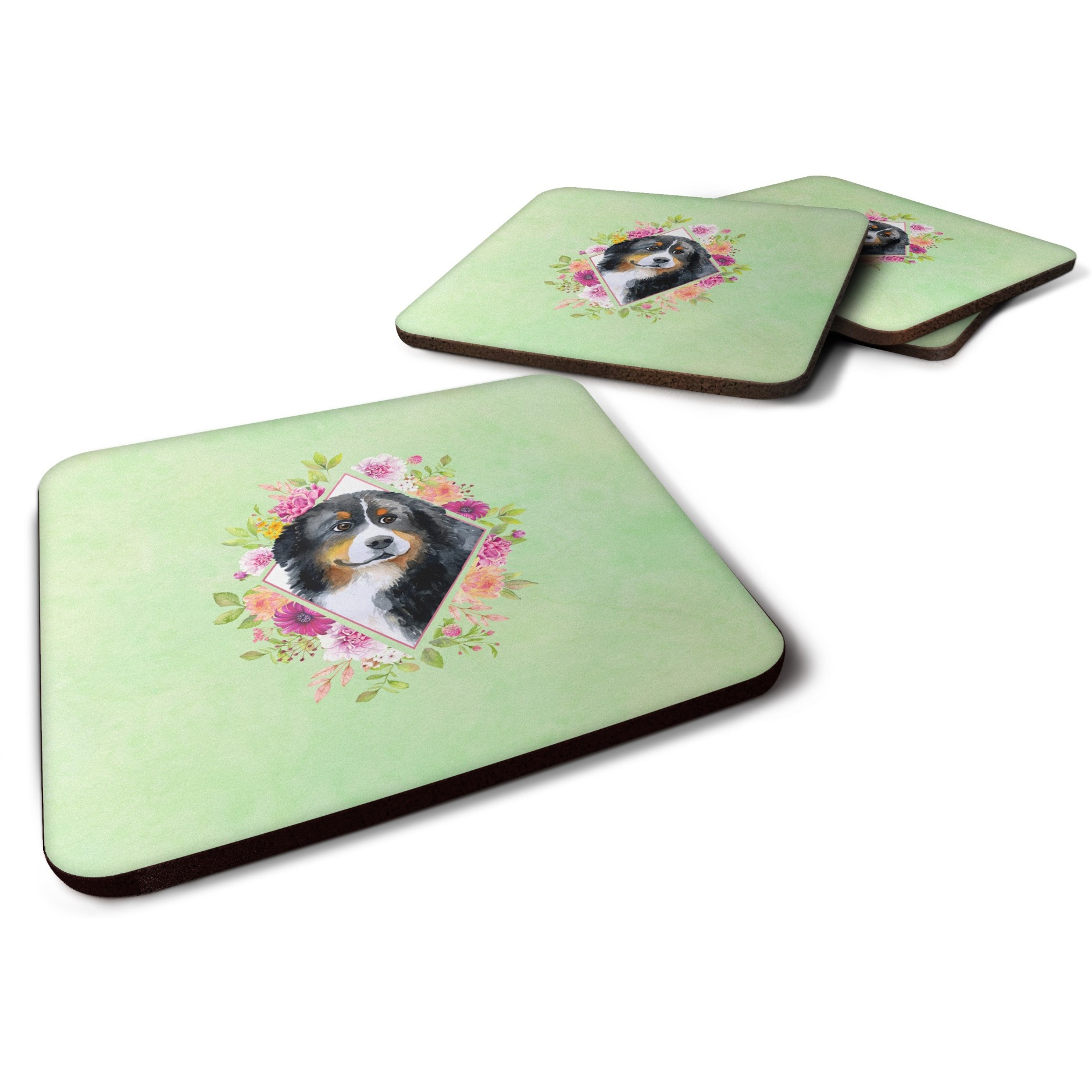 &quotCaroline's Treasures CK4278FC Bernese Mountain Dog Green Flowers Foam Set of 4 coasters, Multicolor"