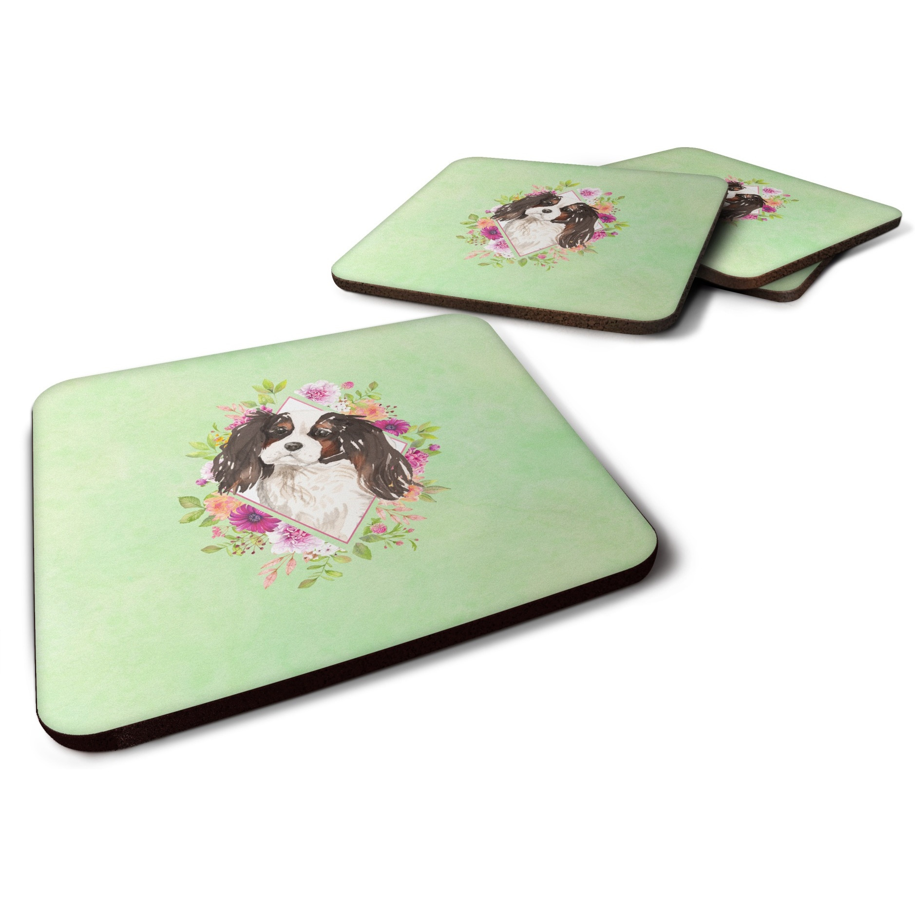 &quotCaroline's Treasures CK4366FC Tricolor Cavalier Spaniel Green Flowers Foam Set of 4 coasters, Multicolor"