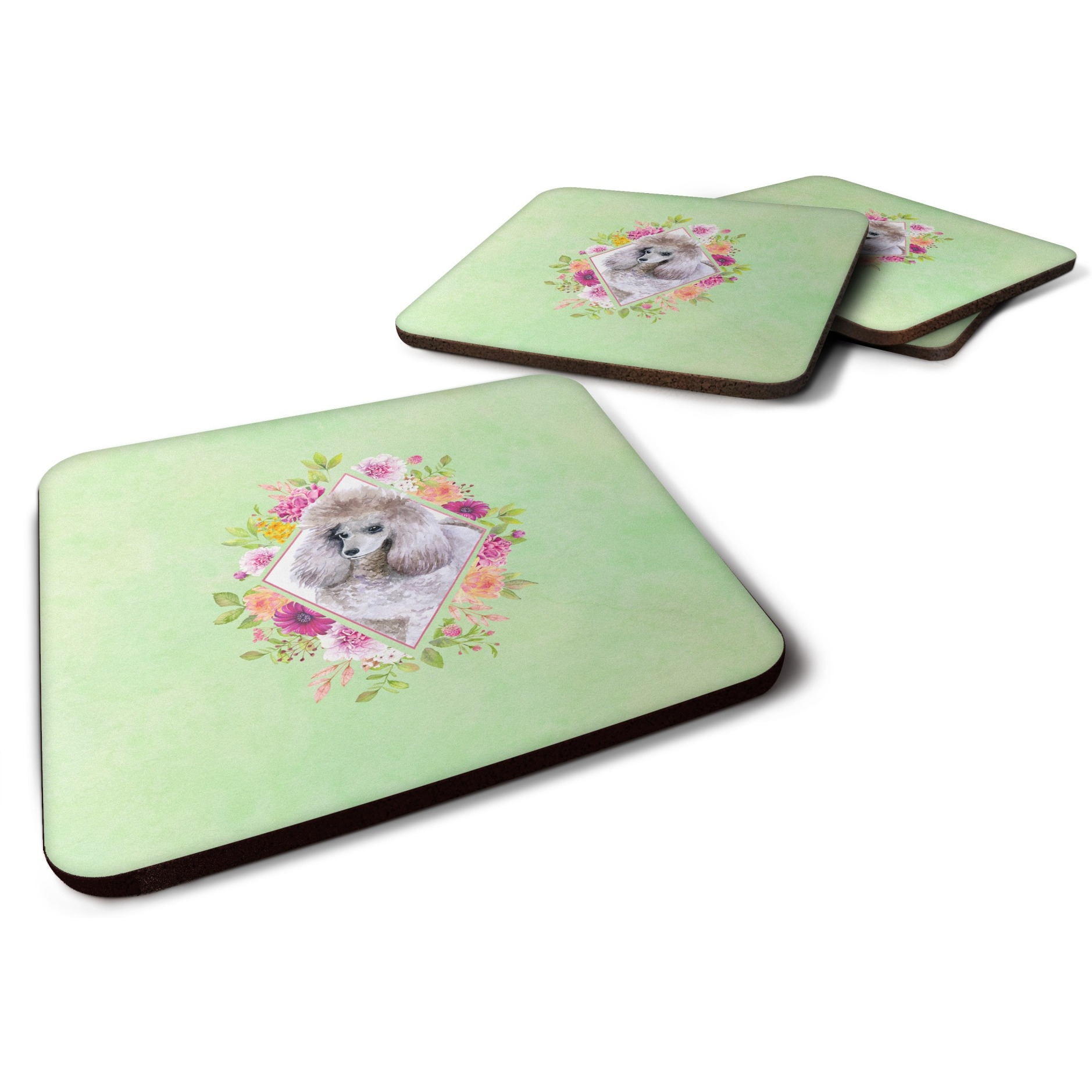 &quotCaroline's Treasures CK4333FC Standard Grey Poodle Green Flowers Foam Set of 4 coasters, Multicolor"
