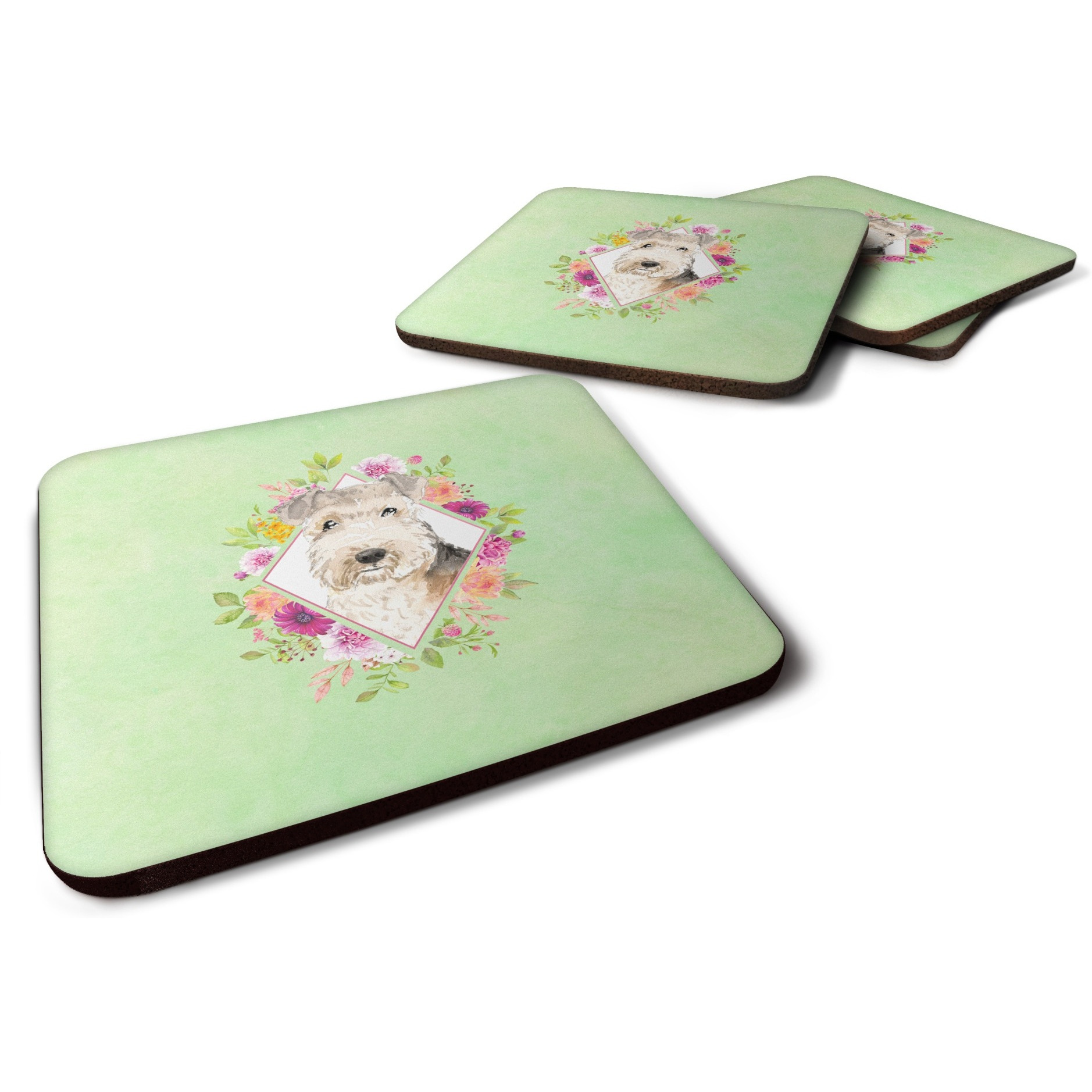 &quotCaroline's Treasures CK4386FC Lakeland Terrier Green Flowers Foam Set of 4 coasters, Multicolor"