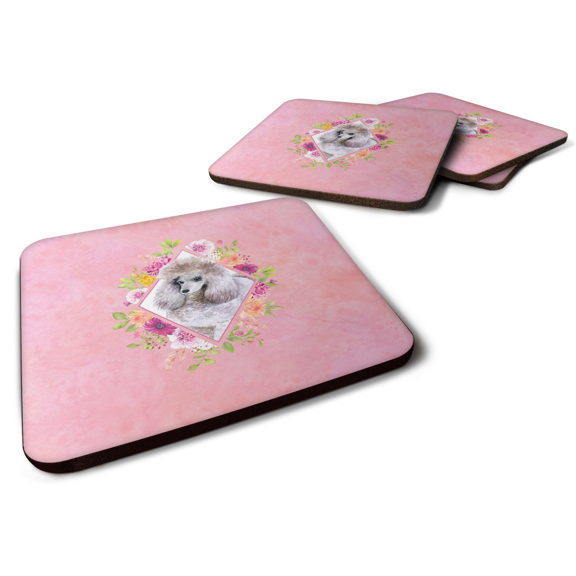 &quotCaroline's Treasures CK4173FC Standard Grey Poodle Pink Flowers Foam Set of 4 coasters, Multicolor"