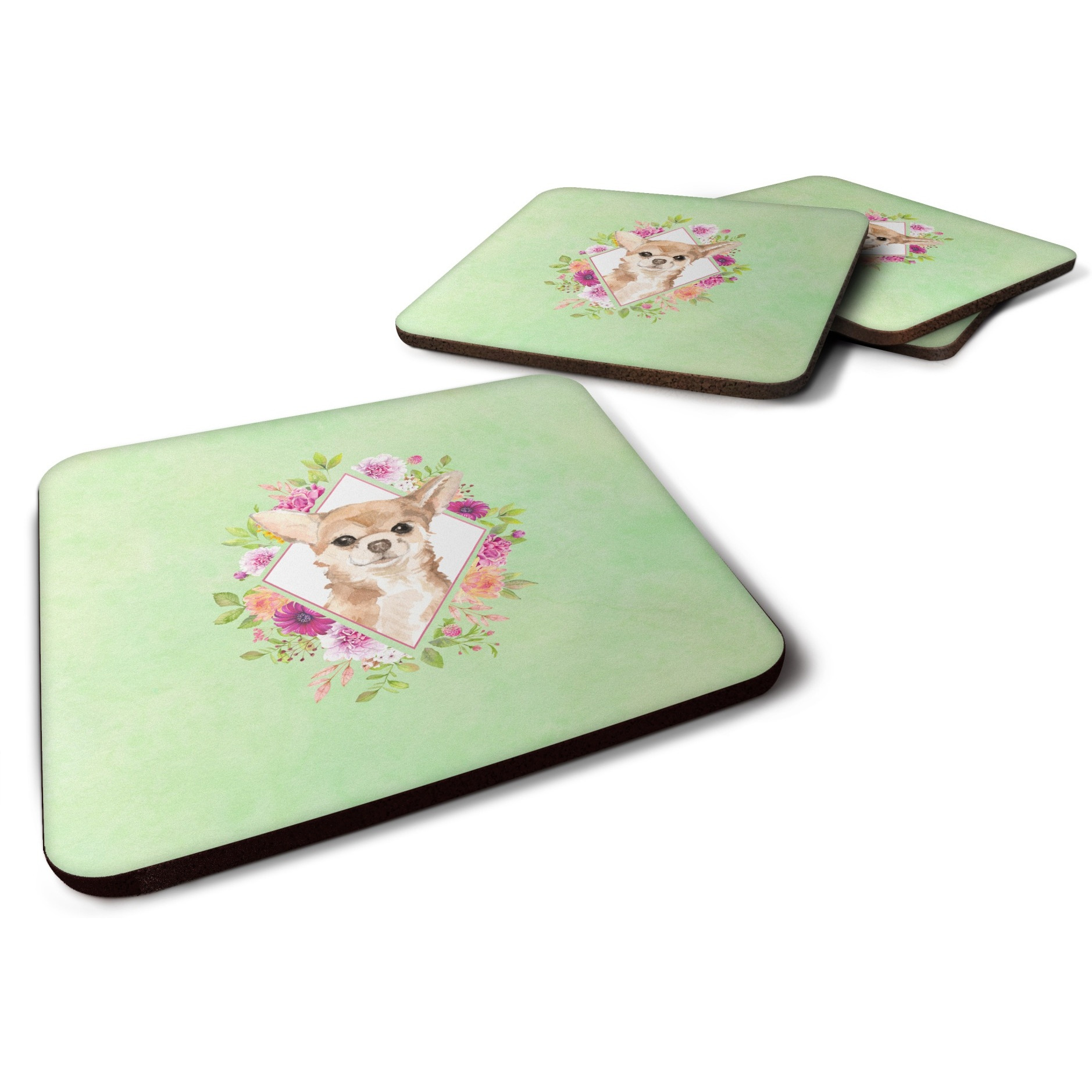 &quotCaroline's Treasures CK4405FC Chihuahua Green Flowers Foam Set of 4 coasters, Multicolor"