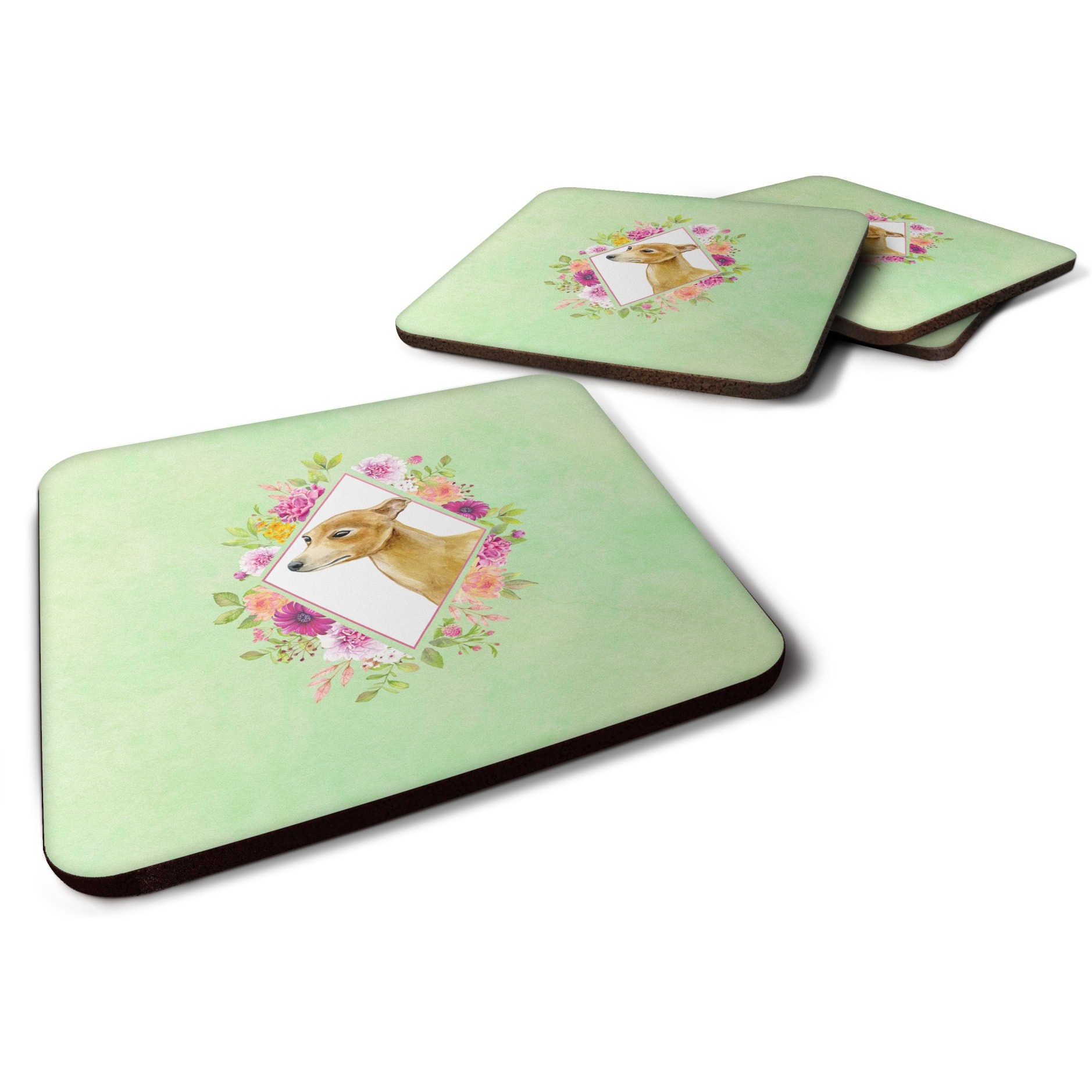 &quotCaroline's Treasures CK4314FC Italian Greyhound Green Flowers Foam Set of 4 coasters, Multicolor"