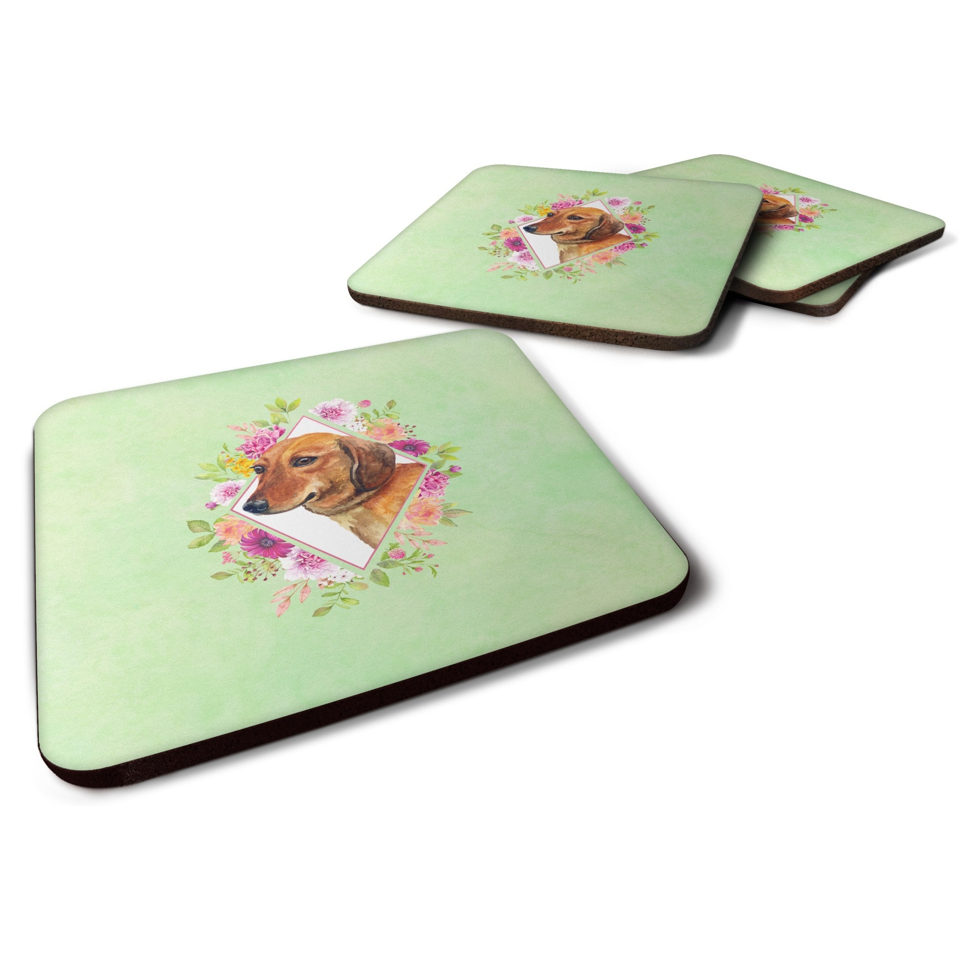 &quotCaroline's Treasures CK4294FC Dachshund Red 1 Green Flowers Foam Set of 4 coasters, Multicolor"