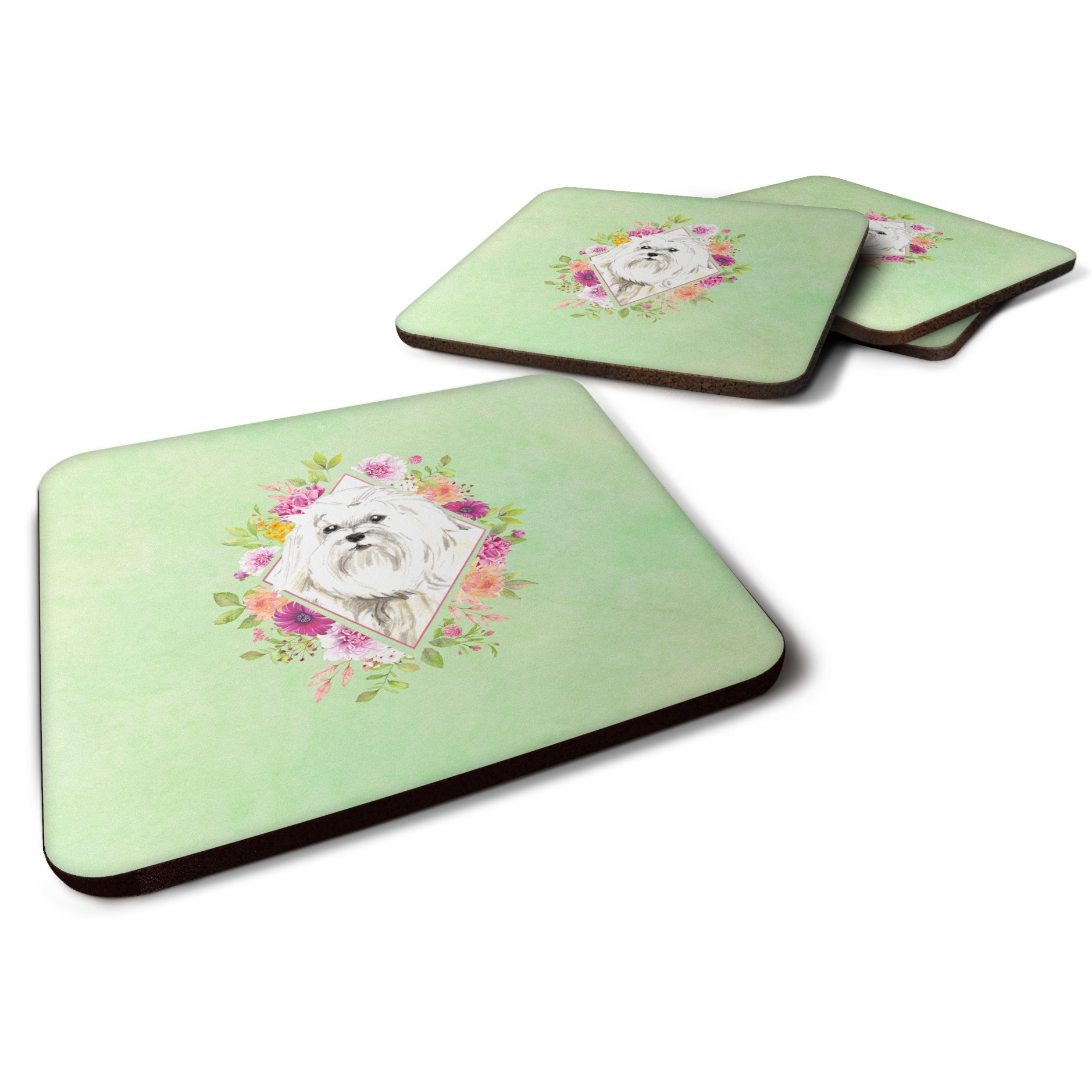&quotCaroline's Treasures CK4383FC Maltese Green Flowers Foam Set of 4 coasters, Multicolor"