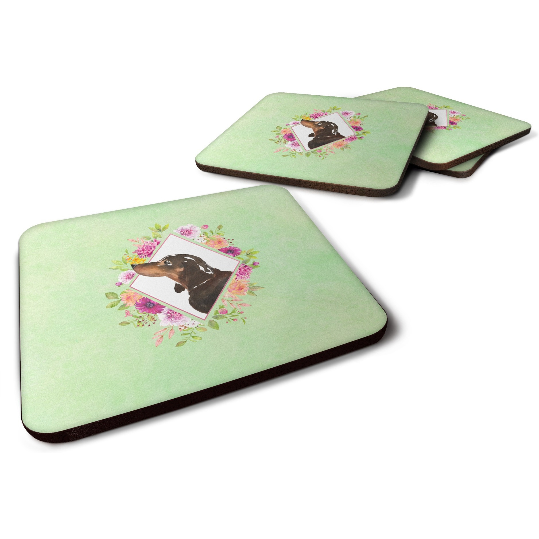 &quotCaroline's Treasures CK4422FC Black and Tan Dachshund Green Flowers Foam Set of 4 coasters, Multicolor"