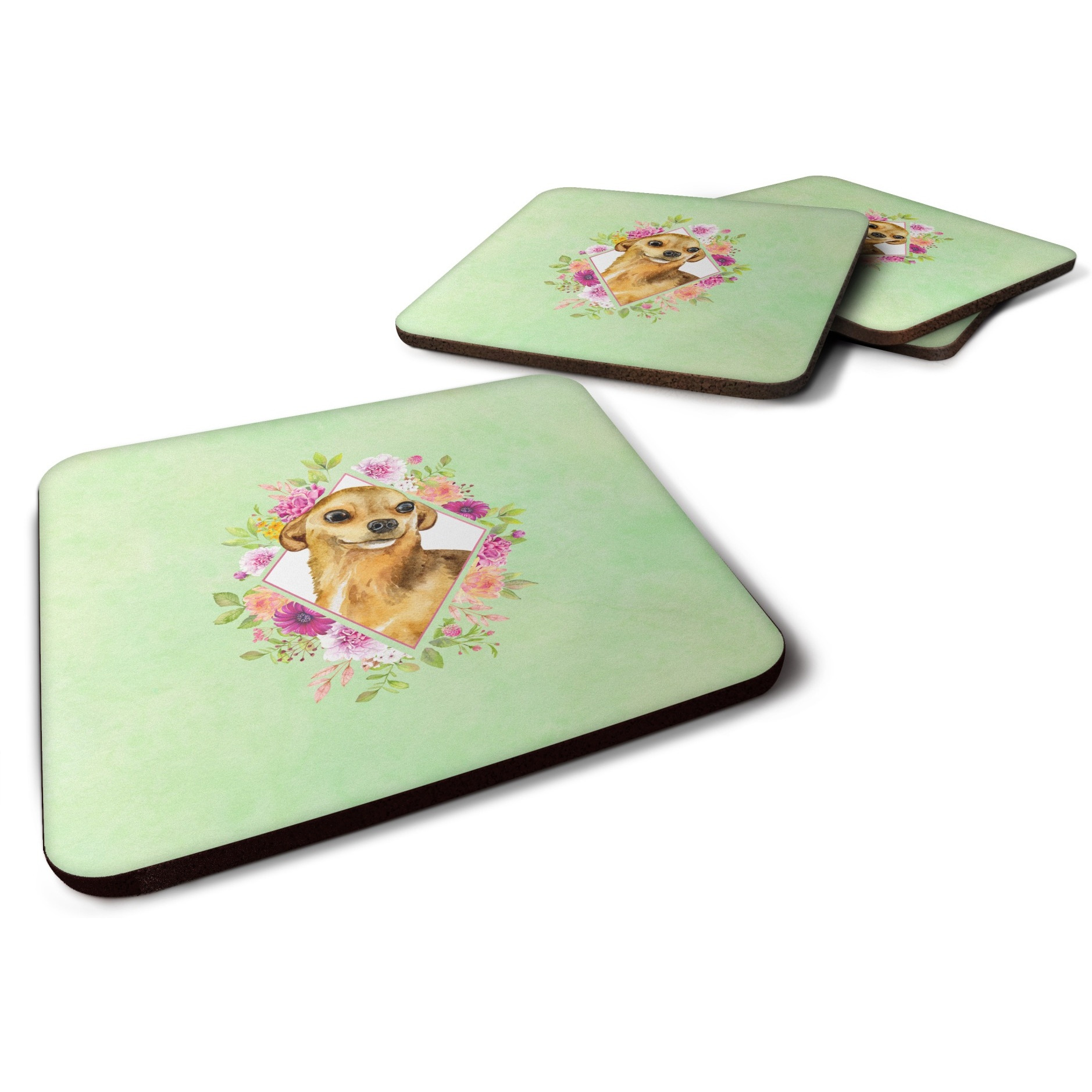 &quotCaroline's Treasures CK4288FC Chihuahua 1 Green Flowers Foam Set of 4 coasters, Multicolor"