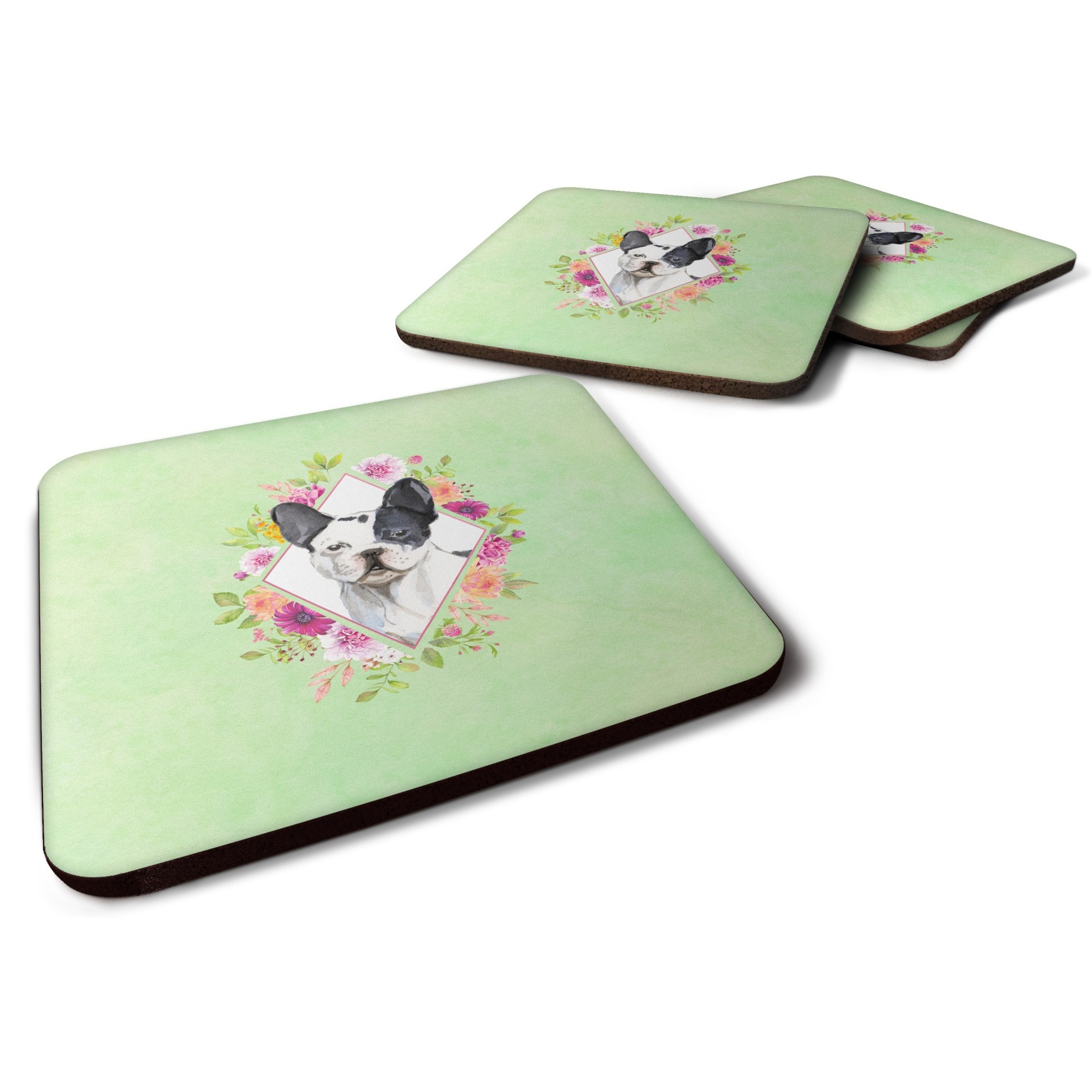 &quotCaroline's Treasures CK4420FC Black and White Frenchie Green Flowers Foam Set of 4 coasters, Multicolor"