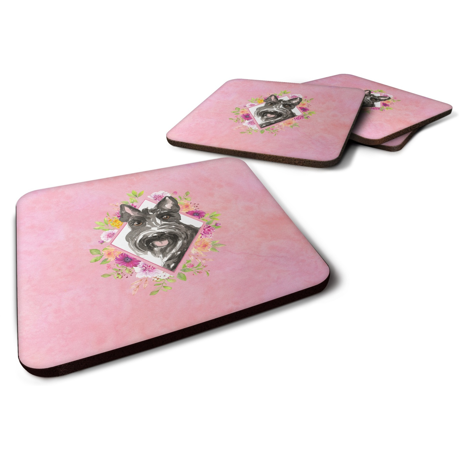 &quotCaroline's Treasures CK4214FC Scottish Terrier Pink Flowers Foam Set of 4 coasters, Multicolor"