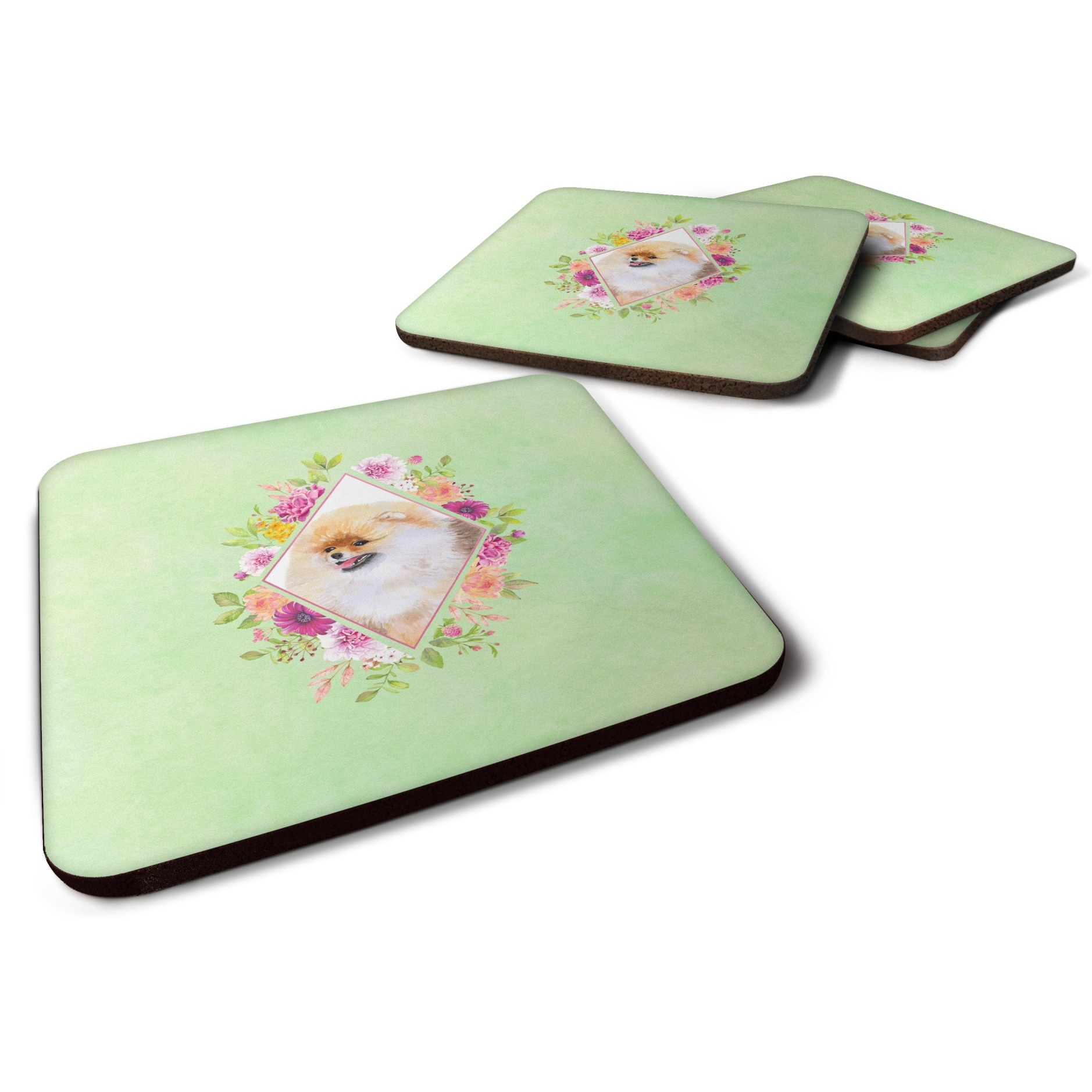 &quotCaroline's Treasures CK4330FC Pomeranian 2 Green Flowers Foam Set of 4 coasters, Multicolor"