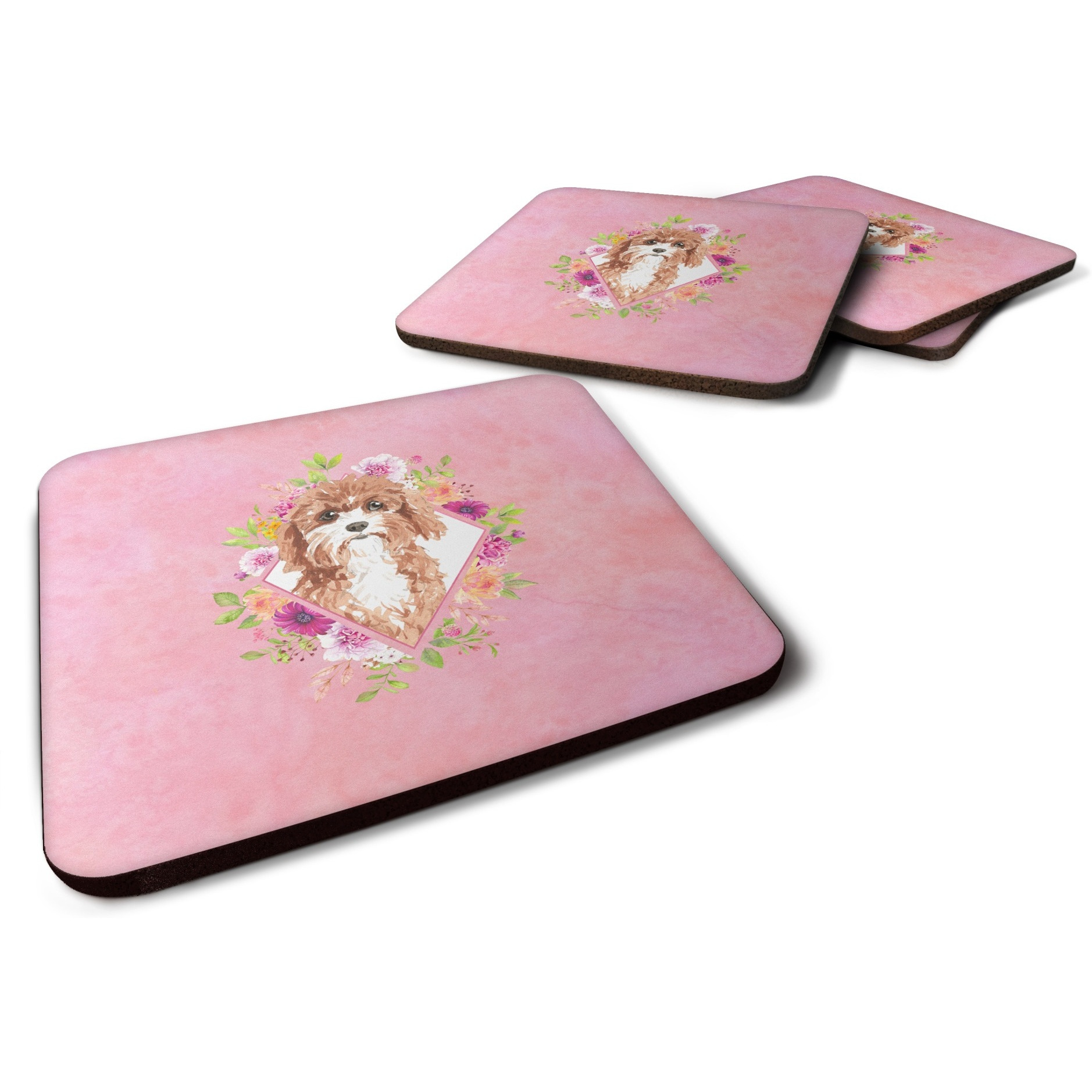 &quotCaroline's Treasures CK4247FC Cavapoo Pink Flowers Foam Set of 4 coasters, Multicolor"