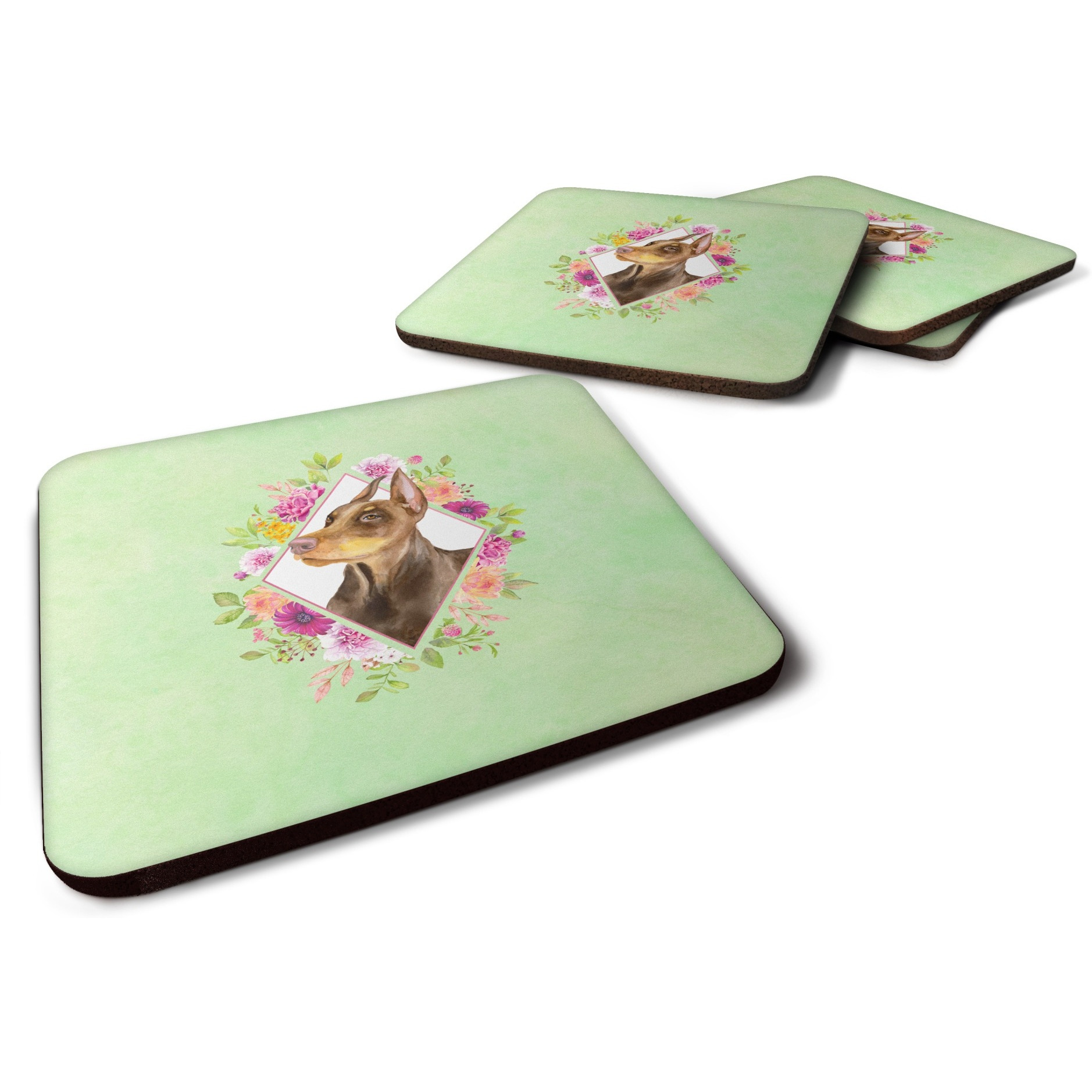 &quotCaroline's Treasures CK4298FC Doberman Pinscher Green Flowers Foam Set of 4 coasters, Multicolor"