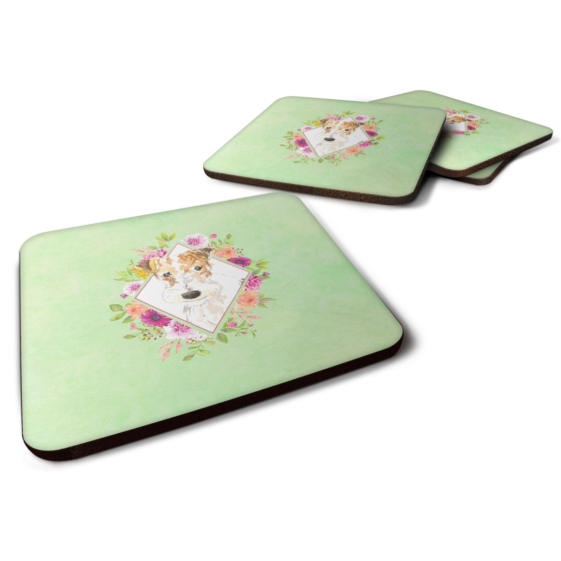 &quotCaroline's Treasures CK4359FC Fox Terrier Green Flowers Foam Set of 4 coasters, Multicolor"