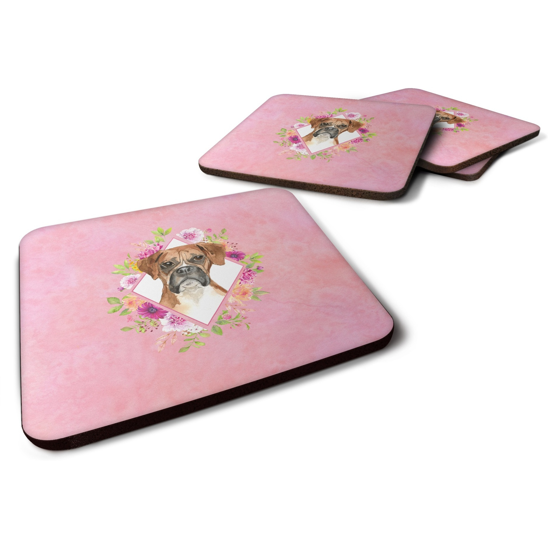 &quotCaroline's Treasures CK4255FC Boxer Pink Flowers Foam Set of 4 coasters, Multicolor"