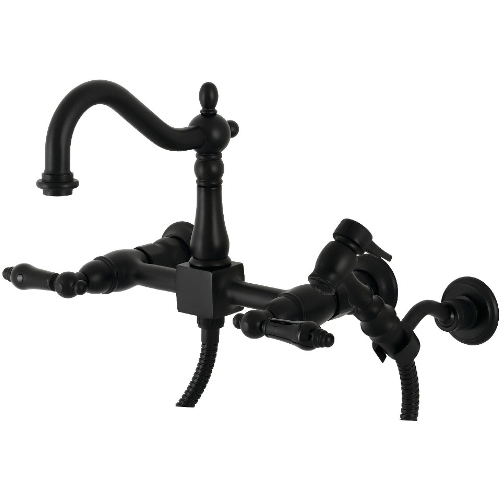 Kingston Brass KS1260PKLBS Duchess Wall Mount Bridge Kitchen Faucet with Brass Sprayer, Matte Black