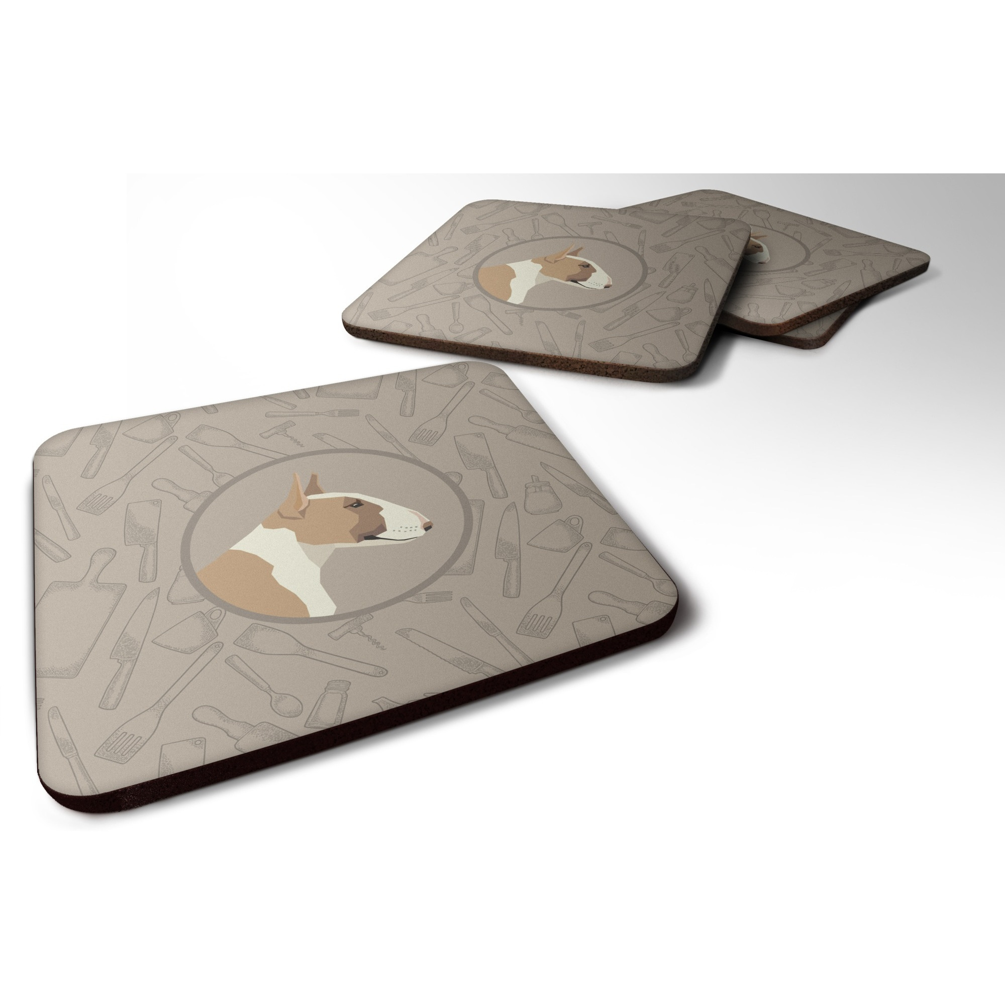 &quotCaroline's Treasures CK2175FC Fawn and White Bull Terrier in The Kitchen Foam Set of 4 coasters, Multicolor"