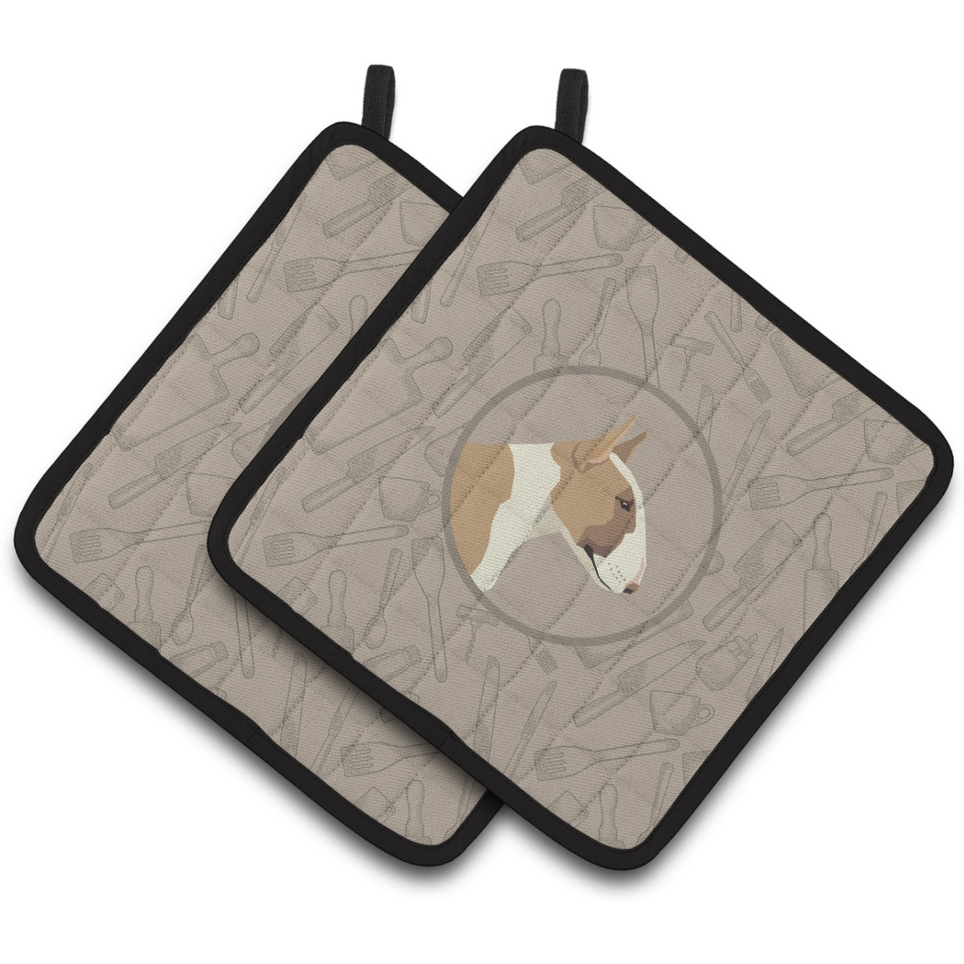 &quotCaroline's Treasures CK2175PTHD Fawn and White Bull Terrier in The Kitchen Pair of Pot Holders potholders, Multicolor"