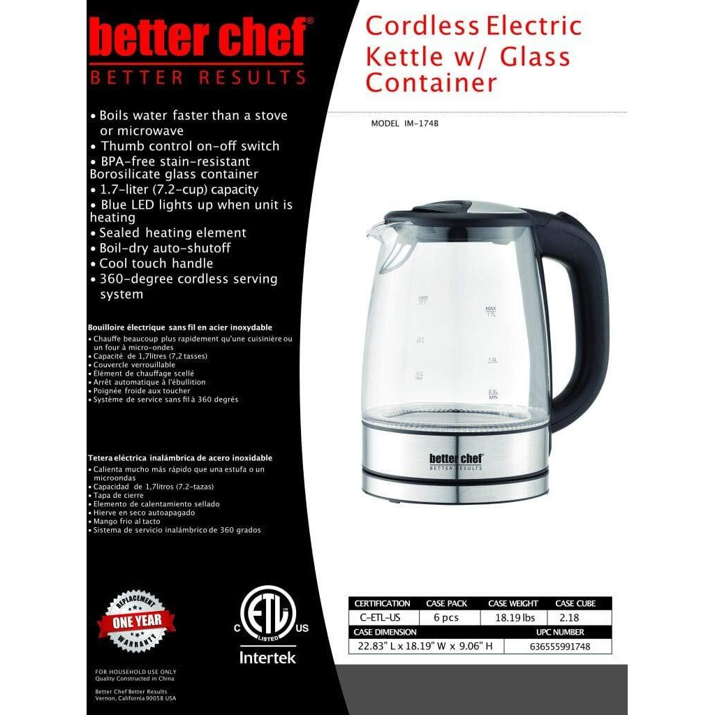 Better Chef 1100W 7-Cup Cordless Electric Borosilicate Glass Kettle with Stainless Steel Accents