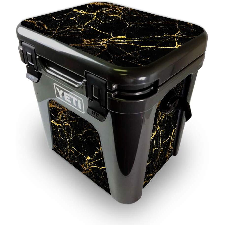 MightySkins YEROAD24-Black gold Marble Skin for Yeti Roadie 24 Hard cooler - Black gold Marble