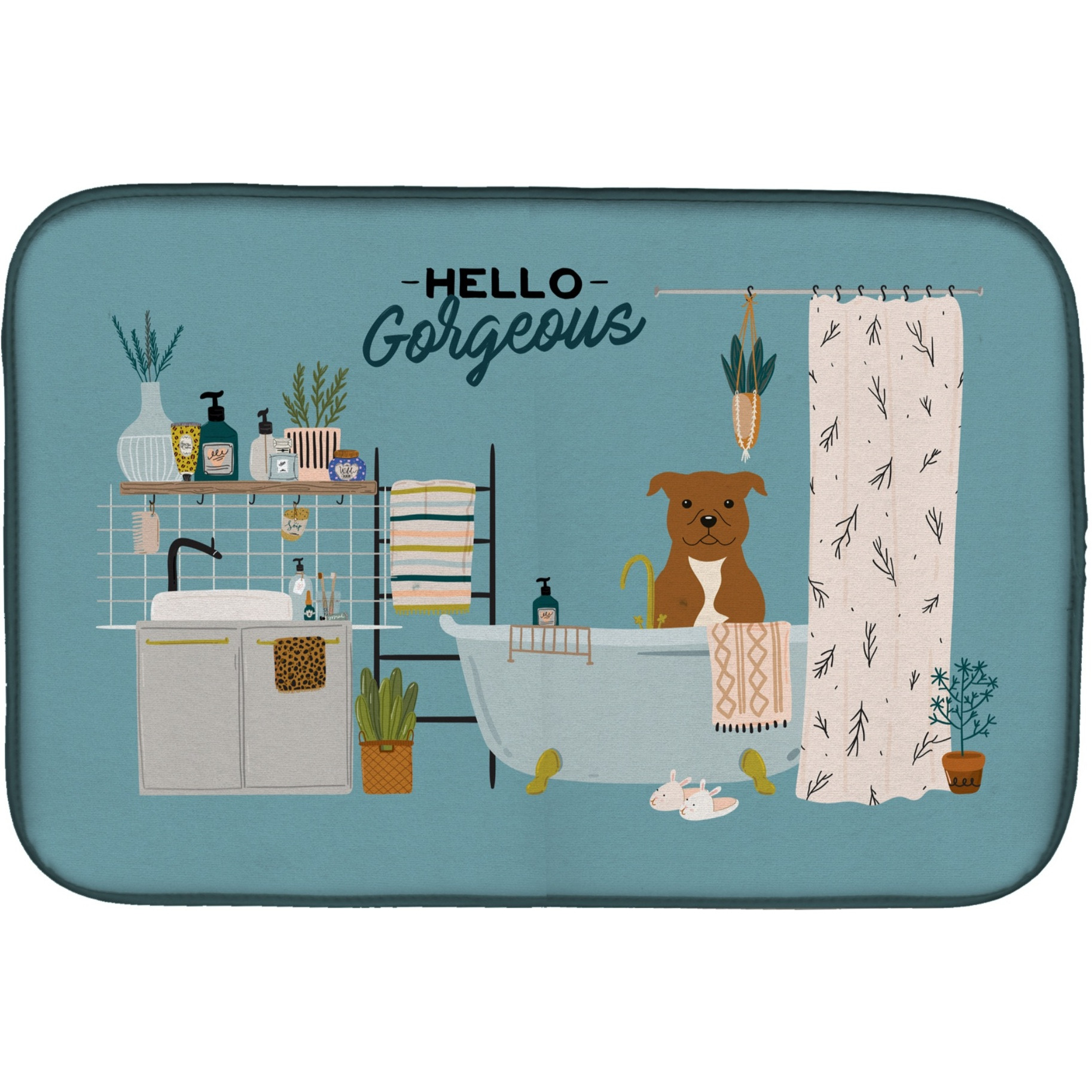 &quotCaroline's Treasures Brown Staffordshire Bull Terrier in Bathtub dish-drying-mats, 14 x 21, Multicolor"
