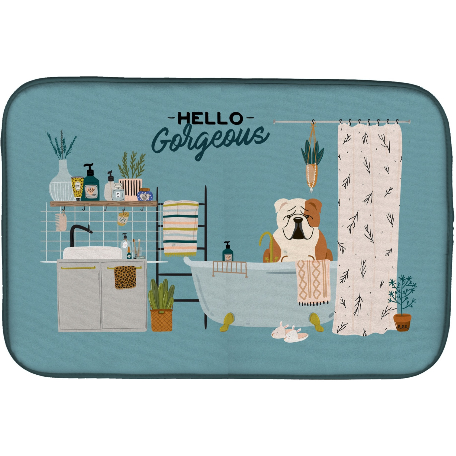 &quotCaroline's Treasures CK7547DDM Fawn White English Bulldog in Bathtub dish-drying-mats, 14 x 21, Multicolor"