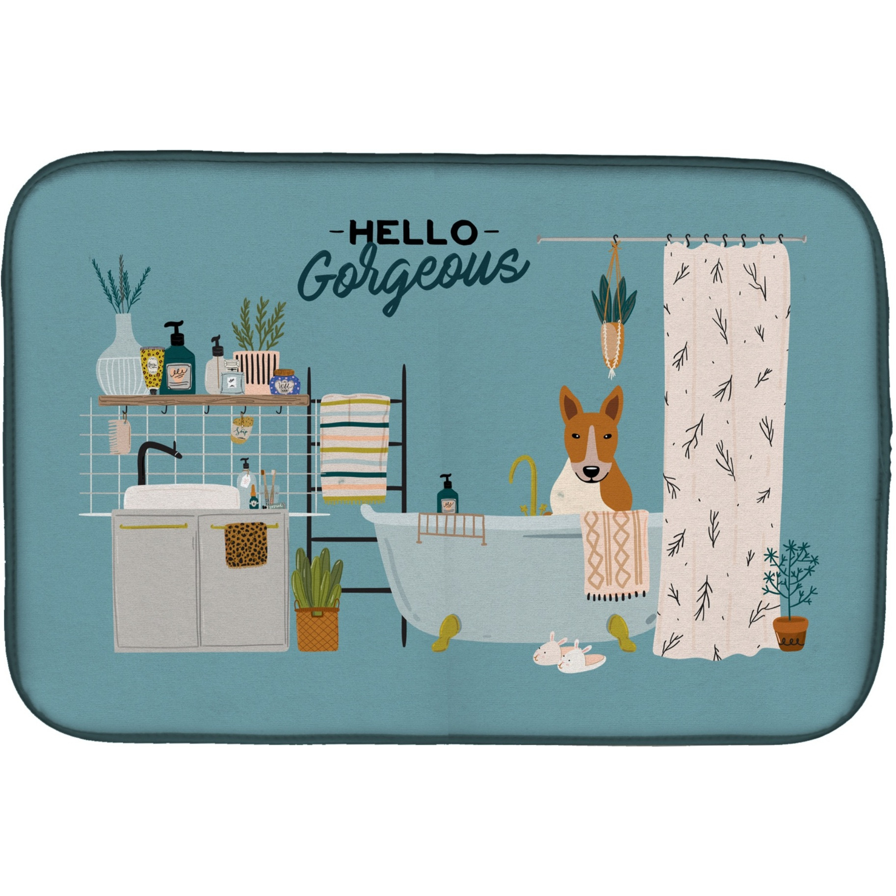 &quotCaroline's Treasures CK7557DDM Red White Bull Terrier in Bathtub dish-drying-mats, 14 x 21, Multicolor"