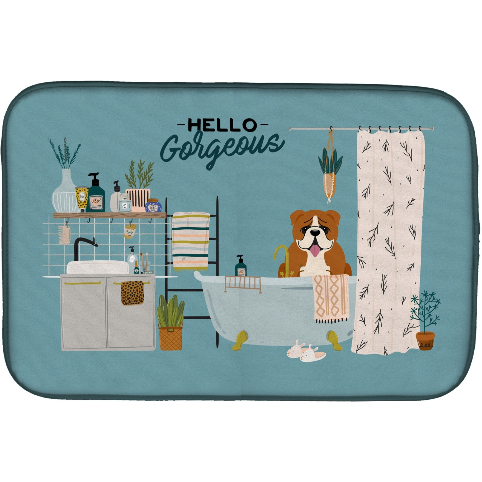 &quotCaroline's Treasures CK7542DDM Red White English Bulldog in Bathtub dish-drying-mats, 14 x 21, Multicolor"