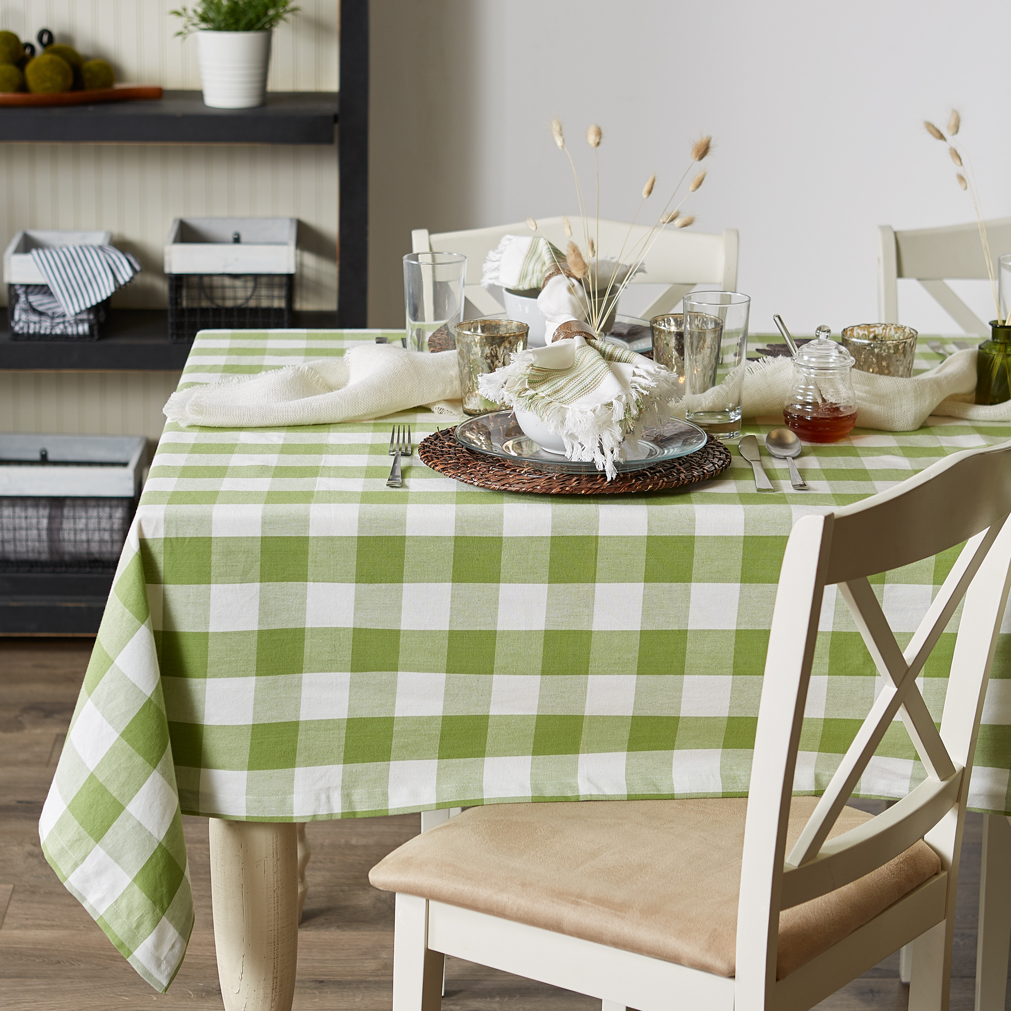 DII Antique Green Buffalo Check Tablecloth
