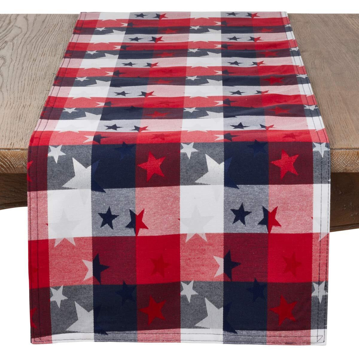 SARO 1776.M16108B 16 x 108 in. Oblong Patriotic Plaid & Star Design Table Runner