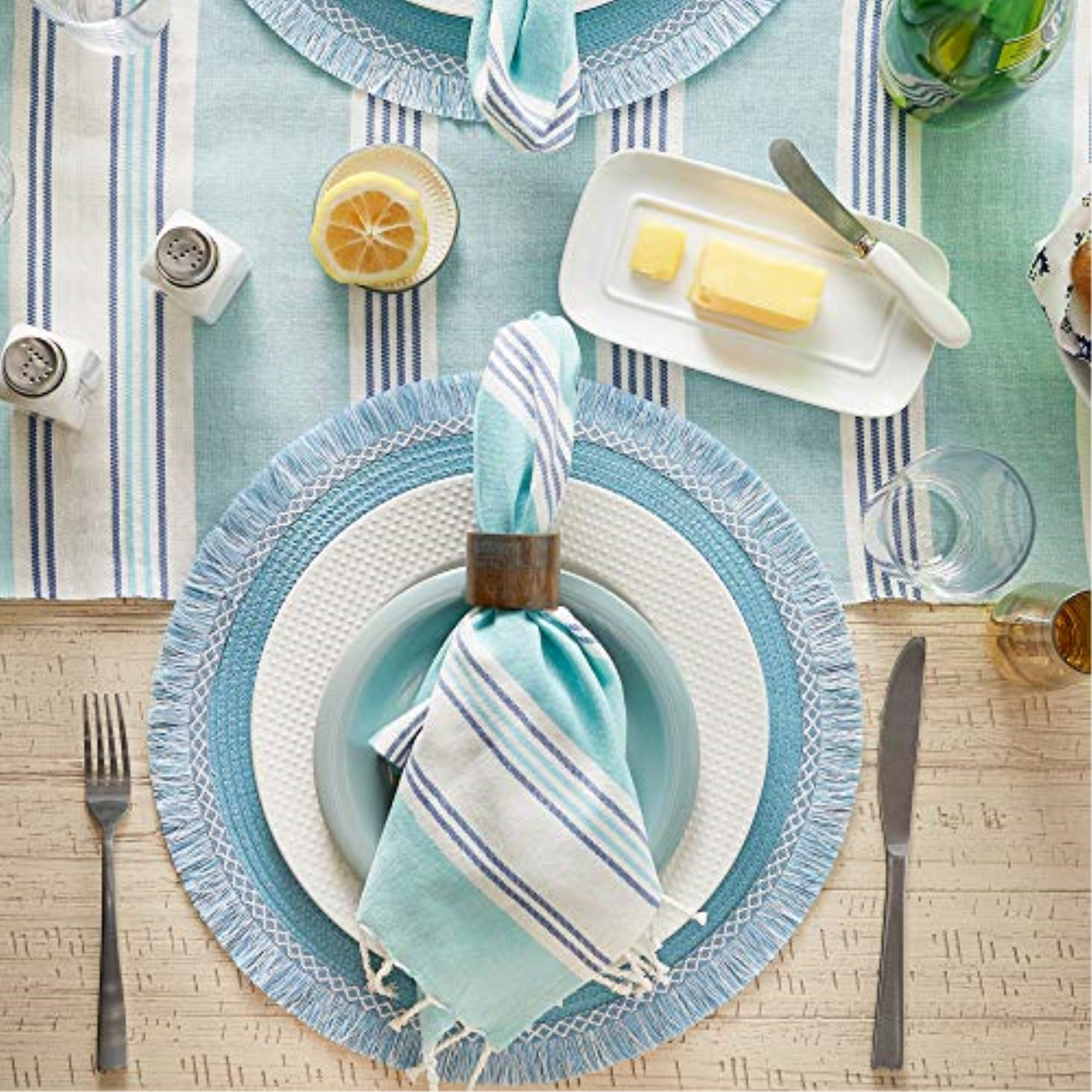 DII Storm Blue Round Fringed Placemat Set of 6