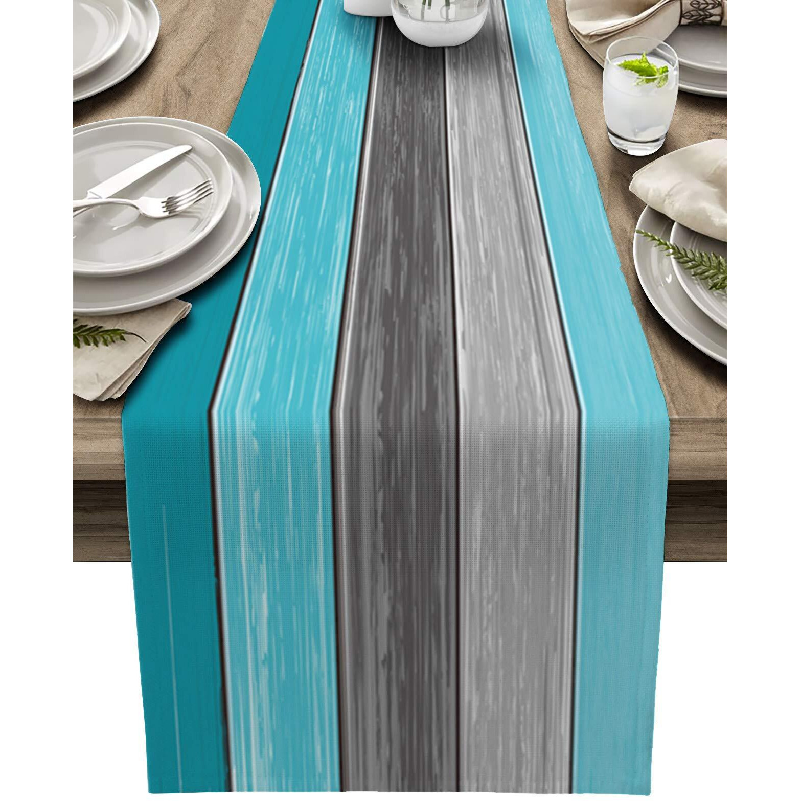 Vandarllin Farmhouse Cotton Linen Table Runner Dresser Scarf Retro Rustic Barn Wood Texture Ombre Aqua Blue Gray Non-Slip Rectangle Settings Decoration for Kitchen Home Dining Holiday,70 inches Long
