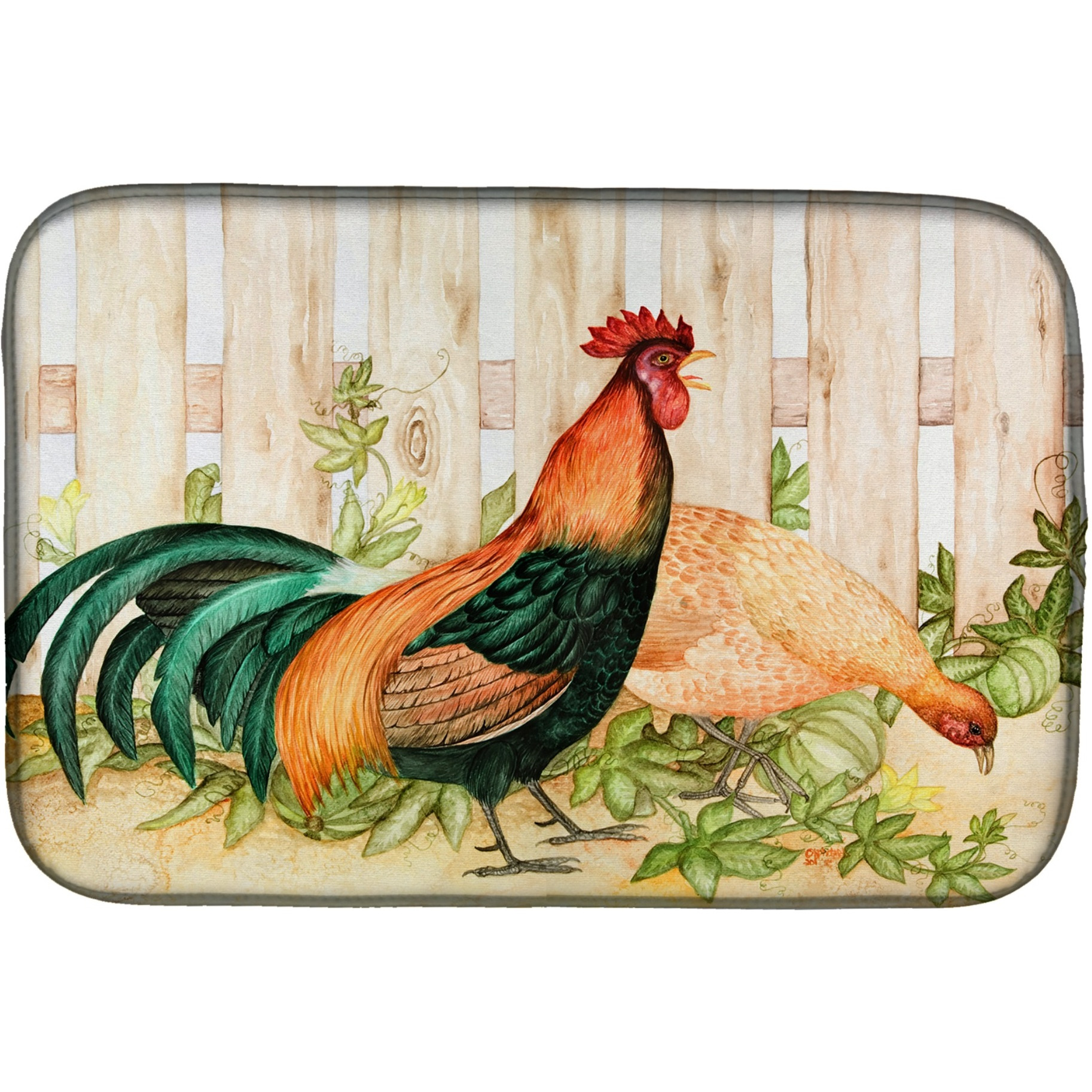 Chicken and Rooster by Ferris Hotard Dish Drying Mat