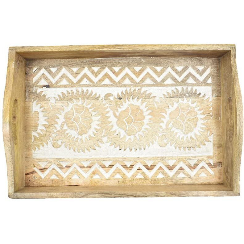 Hand Carved Wooden Breakfast Serving Tray with Handle for Breakfast Tea Snack Dessert | Kitchen Dining Serve-Ware Accessories | 15 x 10 Inches | 2047