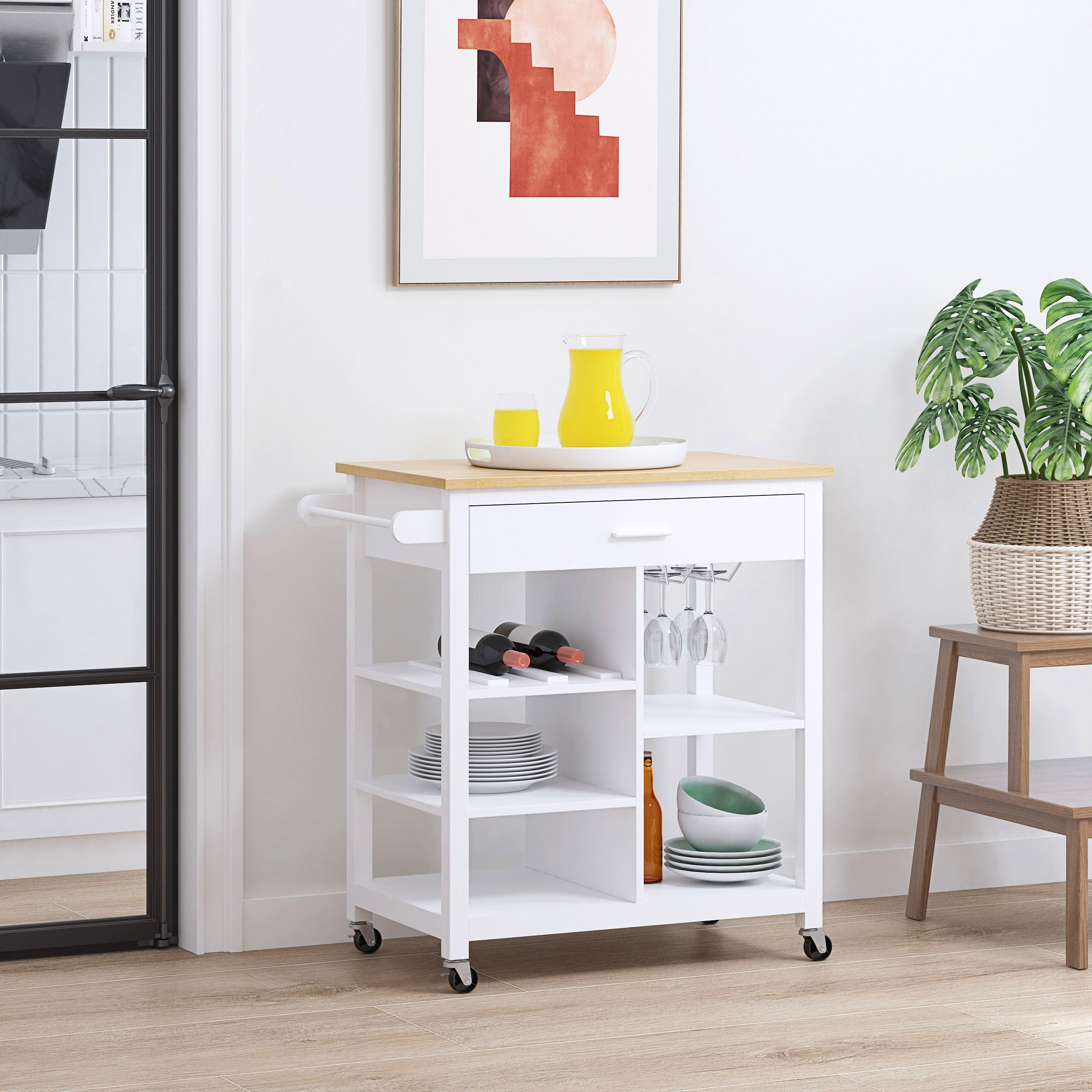 Wc Redmon 5240WHPN Mobile Kitchen Shelves Single Drawer cutting Board Towel Bar Uint with Wine glass & Bottle Holder&44 Woodgrain Top White Base