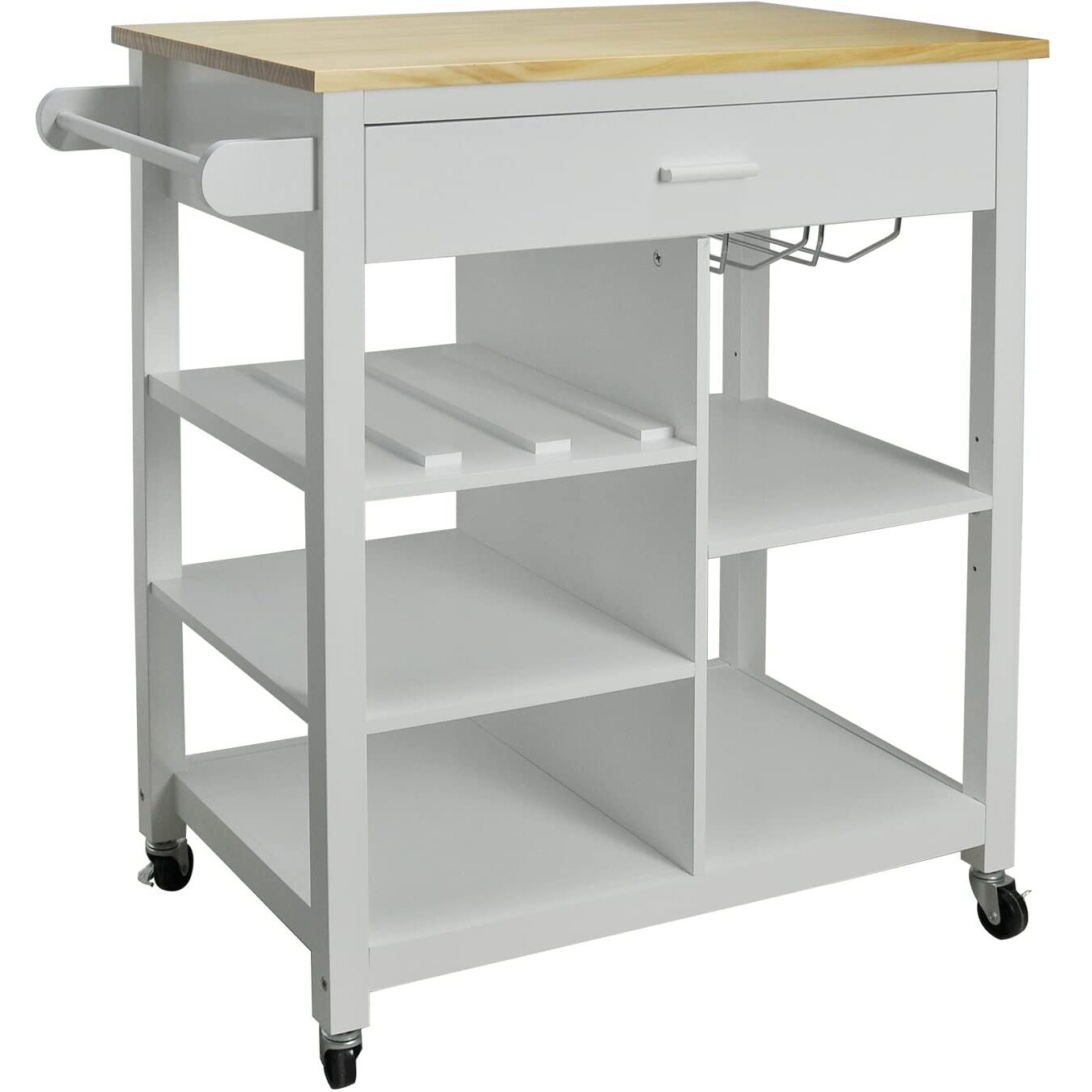 Wc Redmon 5240WHPN Mobile Kitchen Shelves Single Drawer cutting Board Towel Bar Uint with Wine glass & Bottle Holder&44 Woodgrain Top White Base