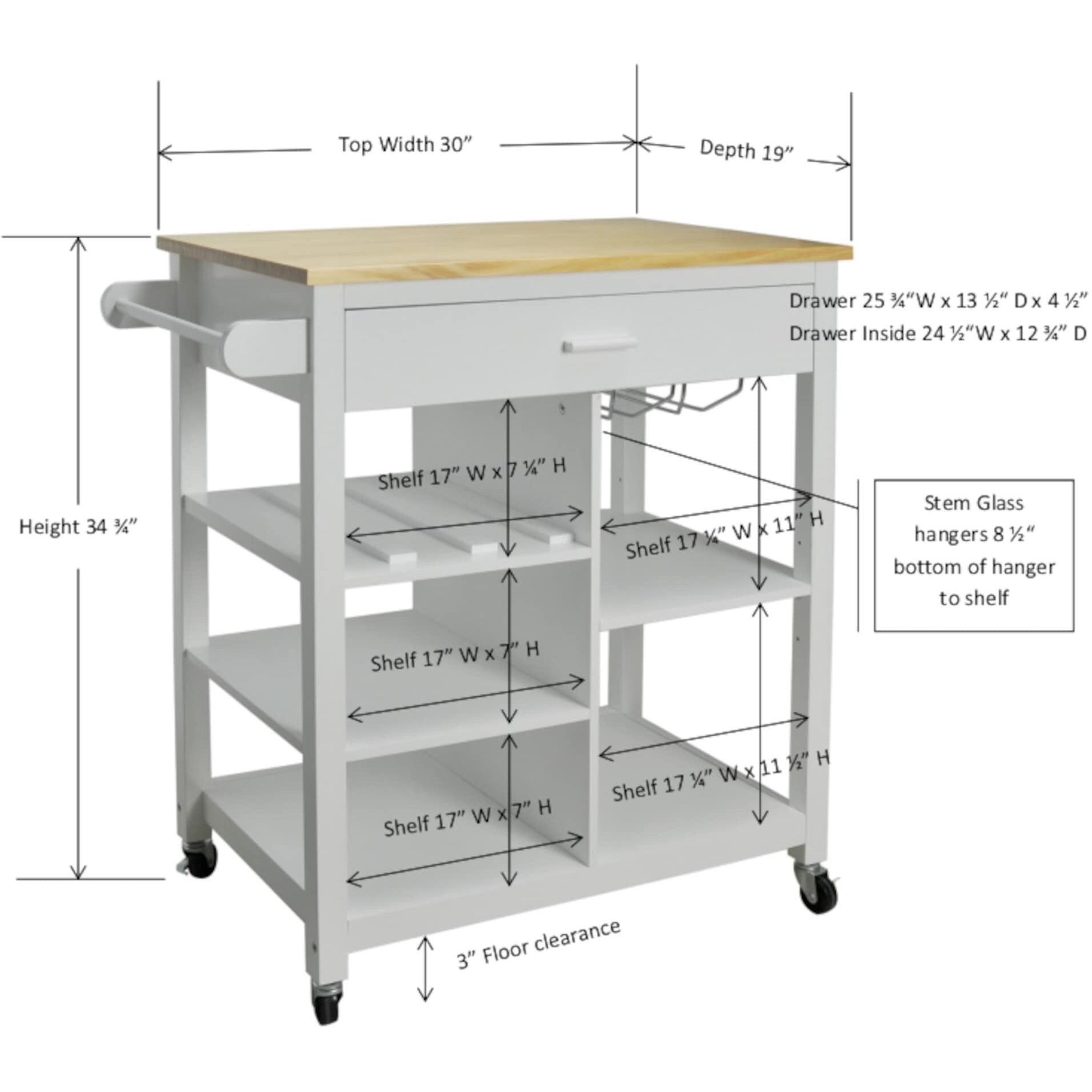 Wc Redmon 5240WHPN Mobile Kitchen Shelves Single Drawer cutting Board Towel Bar Uint with Wine glass & Bottle Holder&44 Woodgrain Top White Base