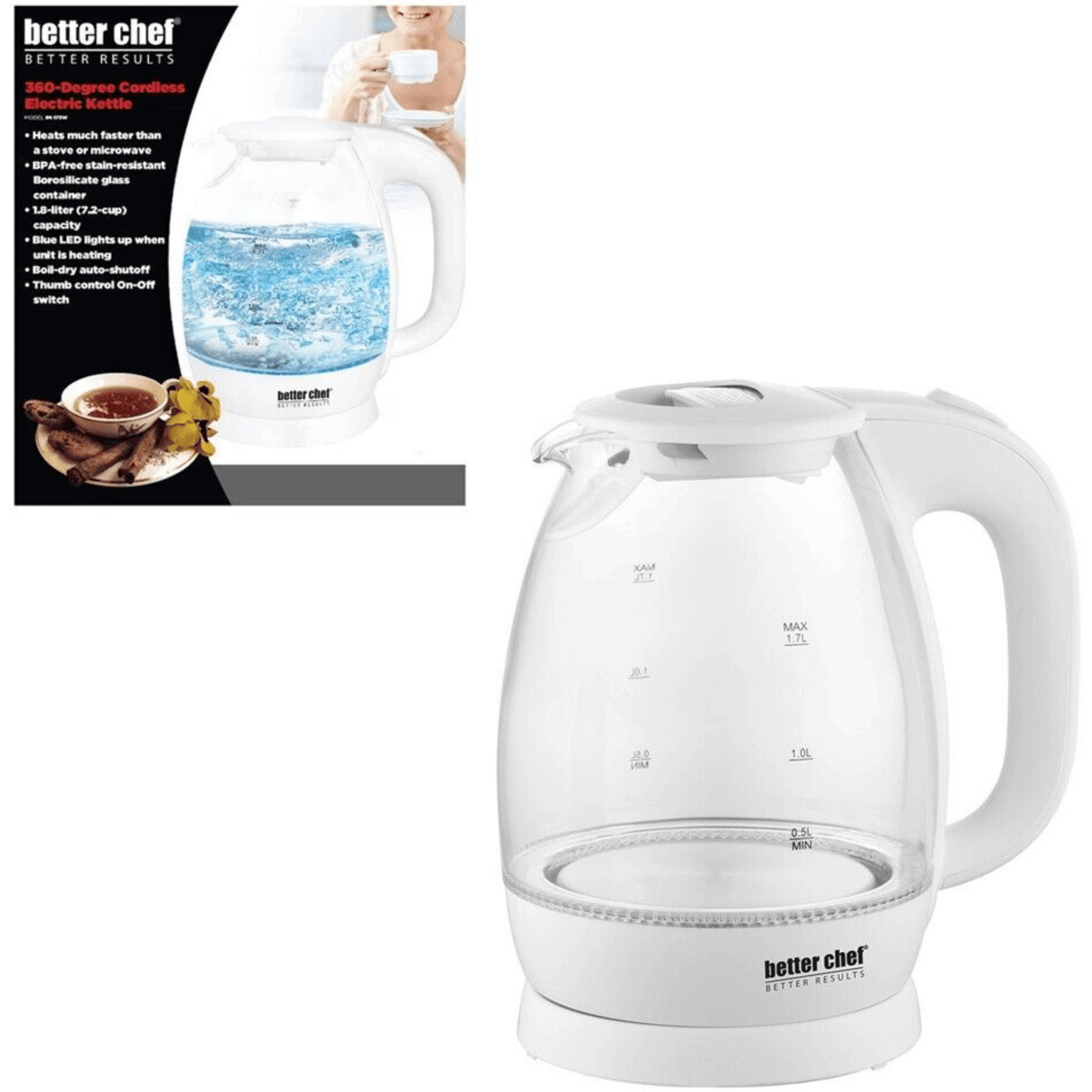 Better Chef 7-Cup Cordless Electric Borosilicate Glass Kettle with LED Light