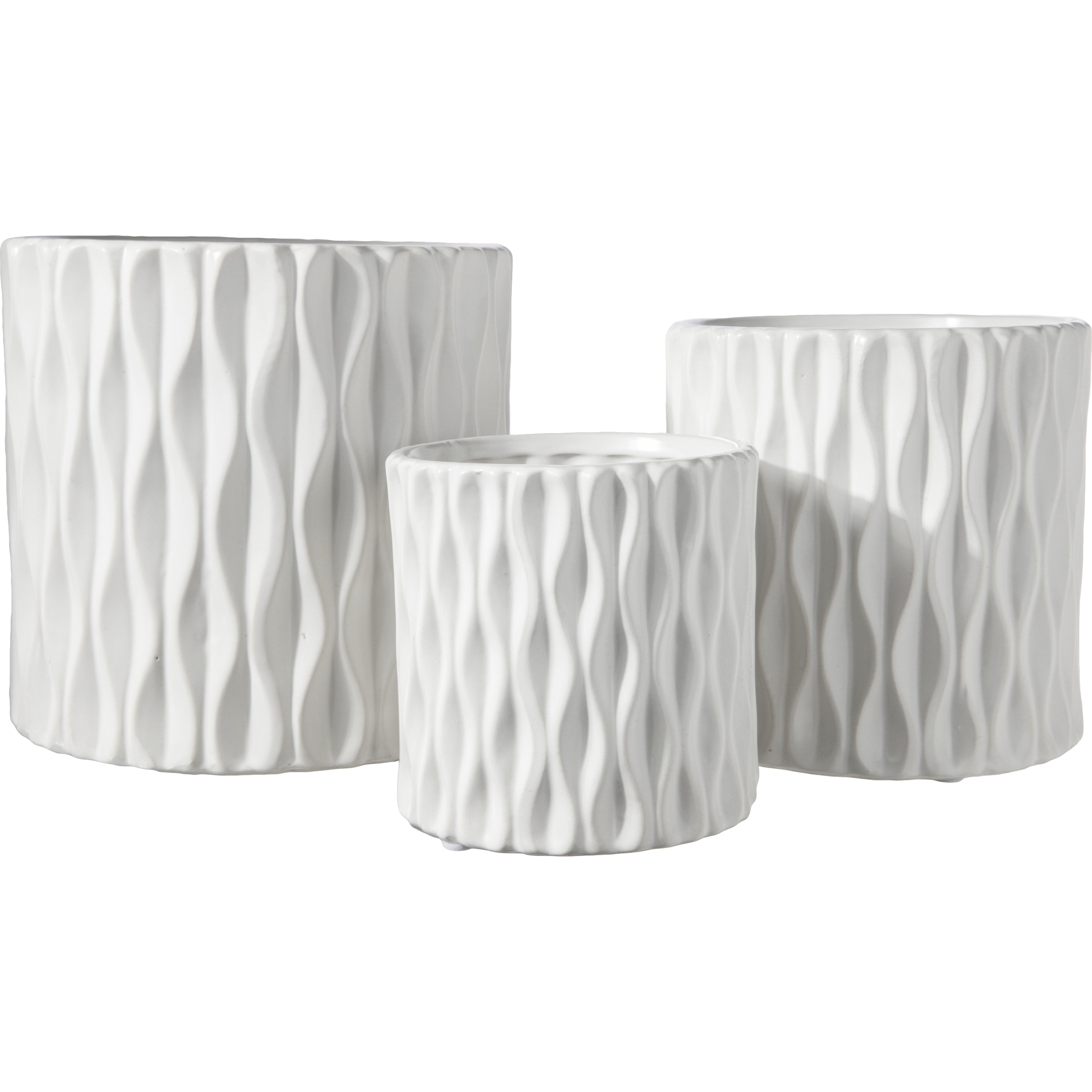 Ceramic Cylindrical Pot wth Wide Mouth and Embossed Wave Design Body Set of Three Matte Finish White