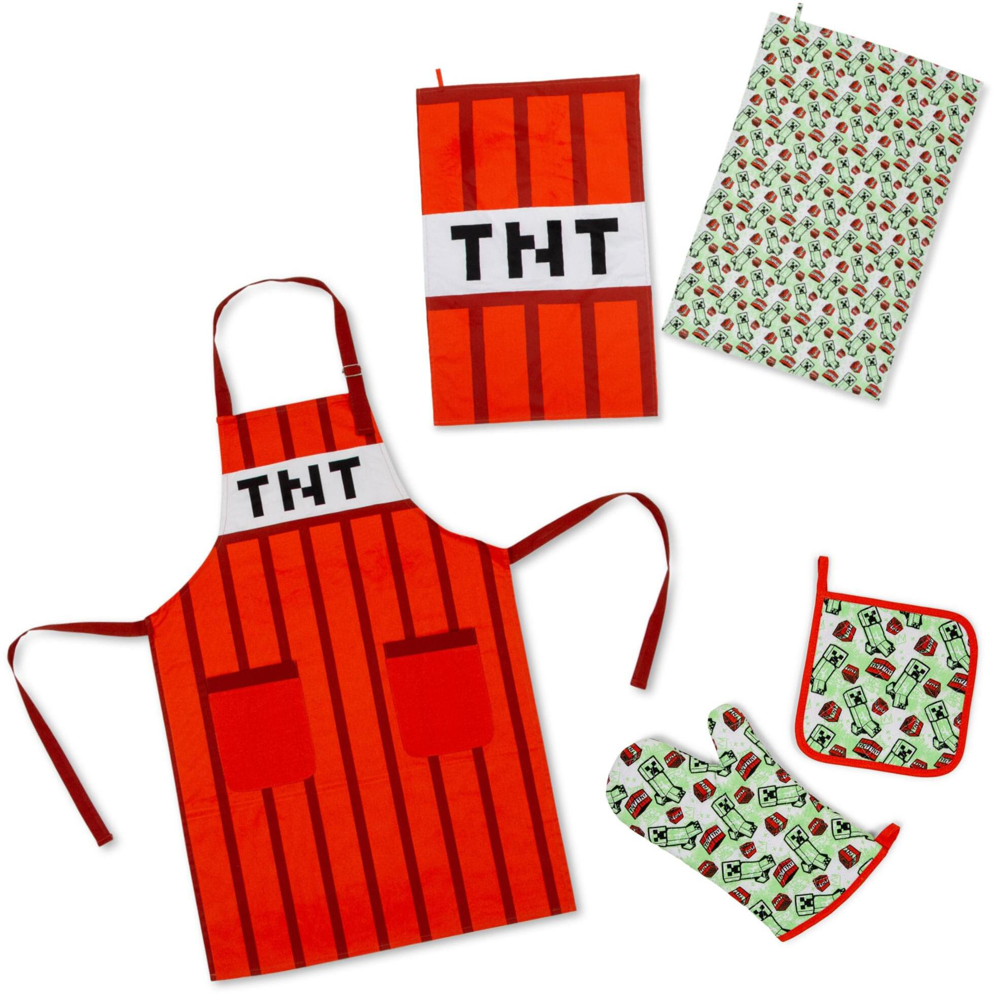 Minecraft Red TNT Kitchen Set  Apron, Oven Mitt, Dish Towels, Pot Holder