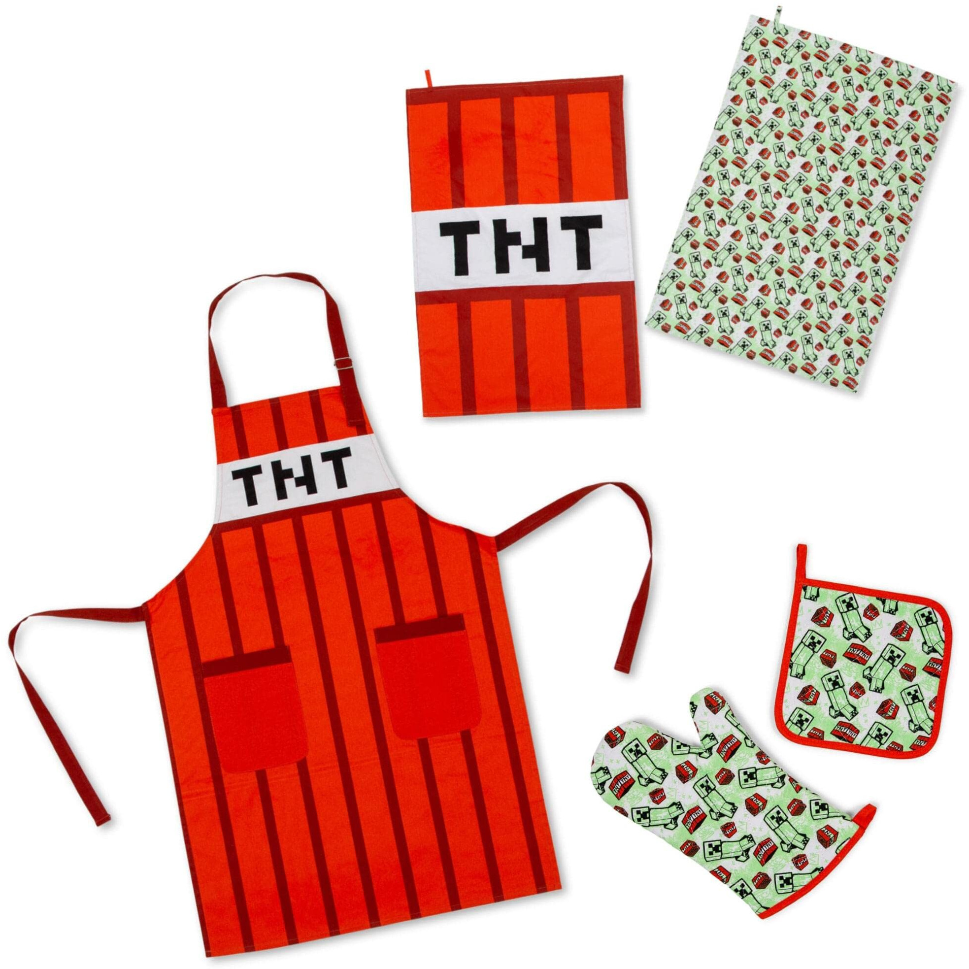 Minecraft Red TNT Kitchen Set  Apron, Oven Mitt, Dish Towels, Pot Holder