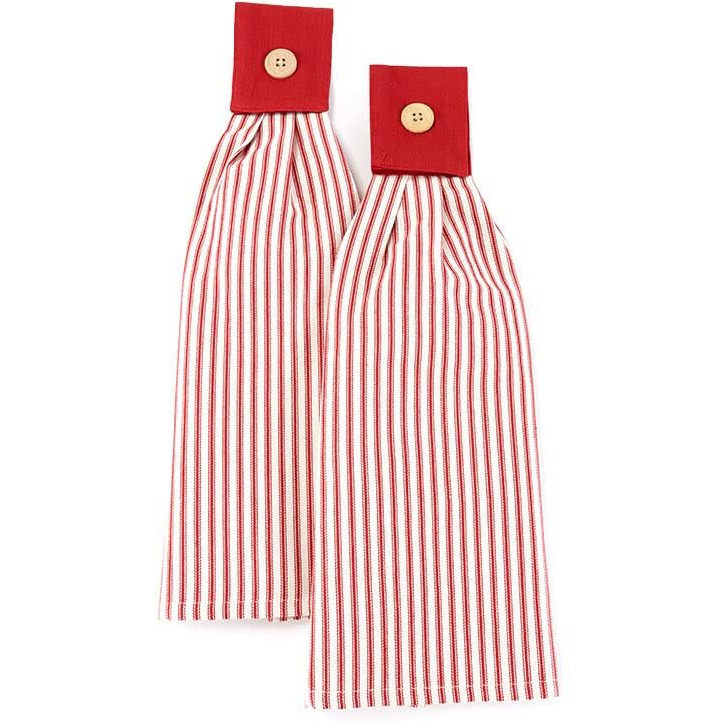 Sets of 2 Ticking Stripe Hanging Kitchen Towels - Red