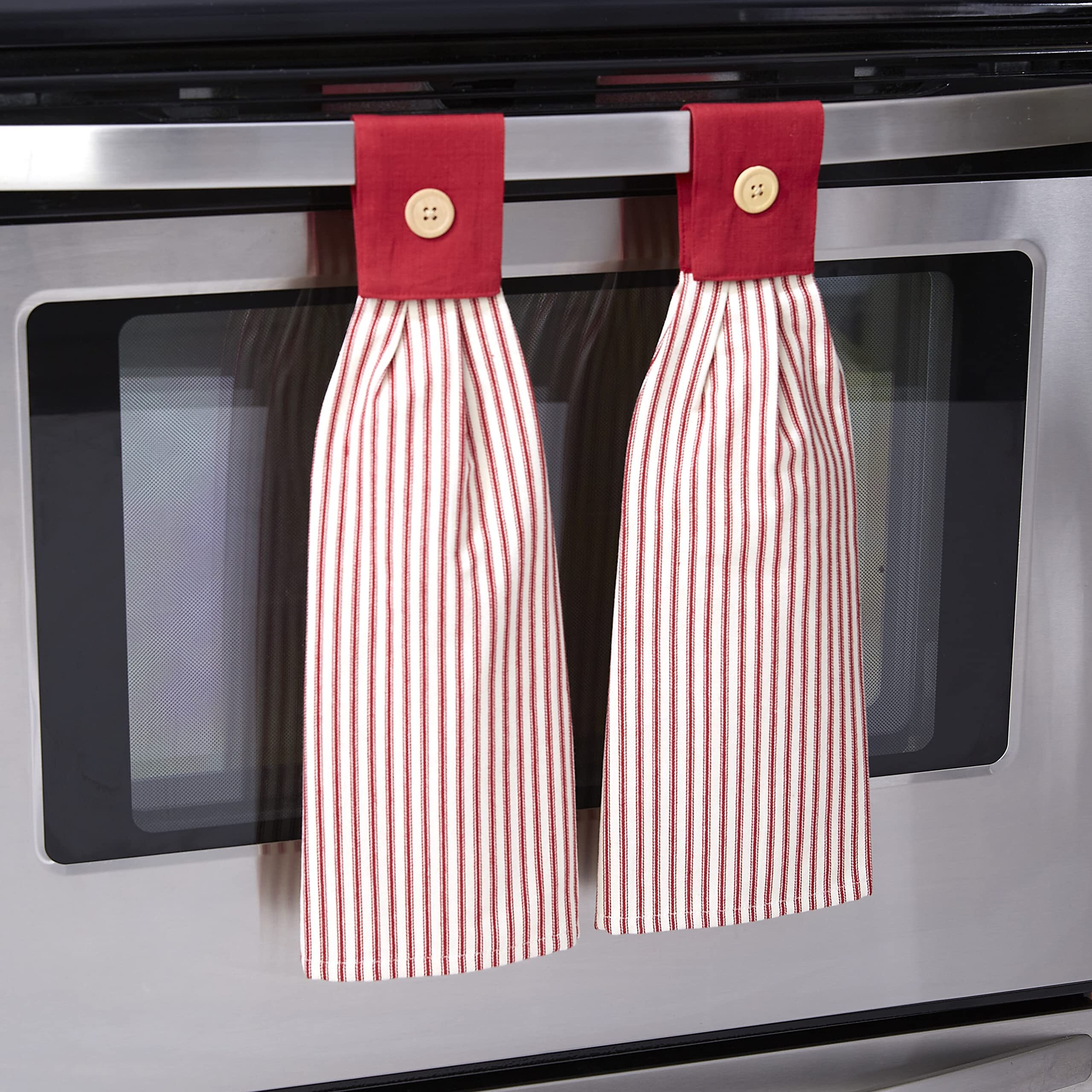 Sets of 2 Ticking Stripe Hanging Kitchen Towels - Red