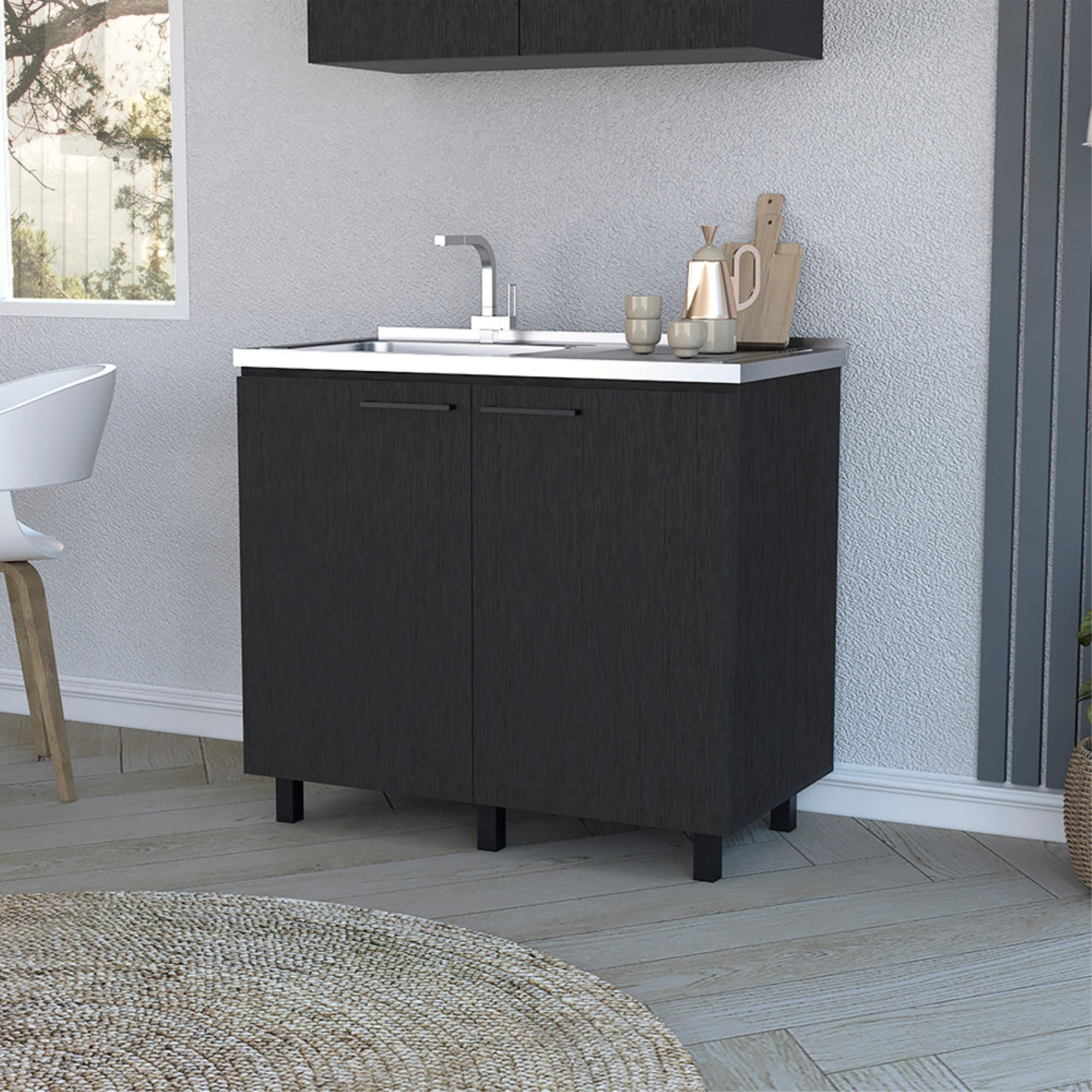 Napoles 2 Utility Sink with Cabinet, Stainless Steel Countertop, Interior Shelf Black