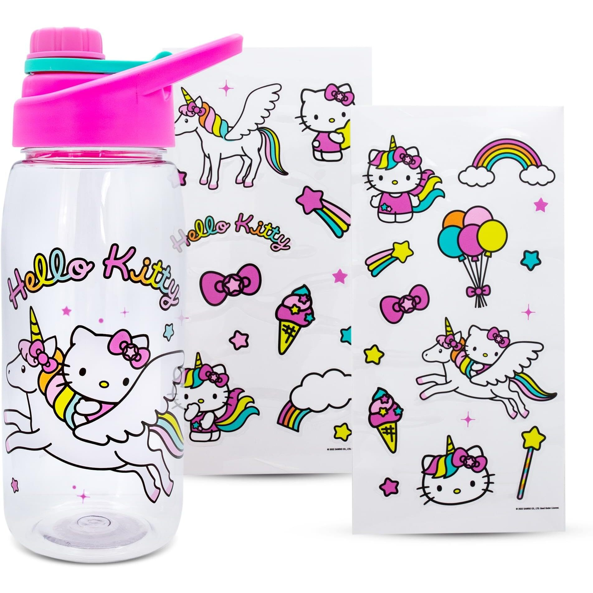 Sanrio Hello Kitty Unicorn Twist Spout Water Bottle and Sticker Set  20 Ounces