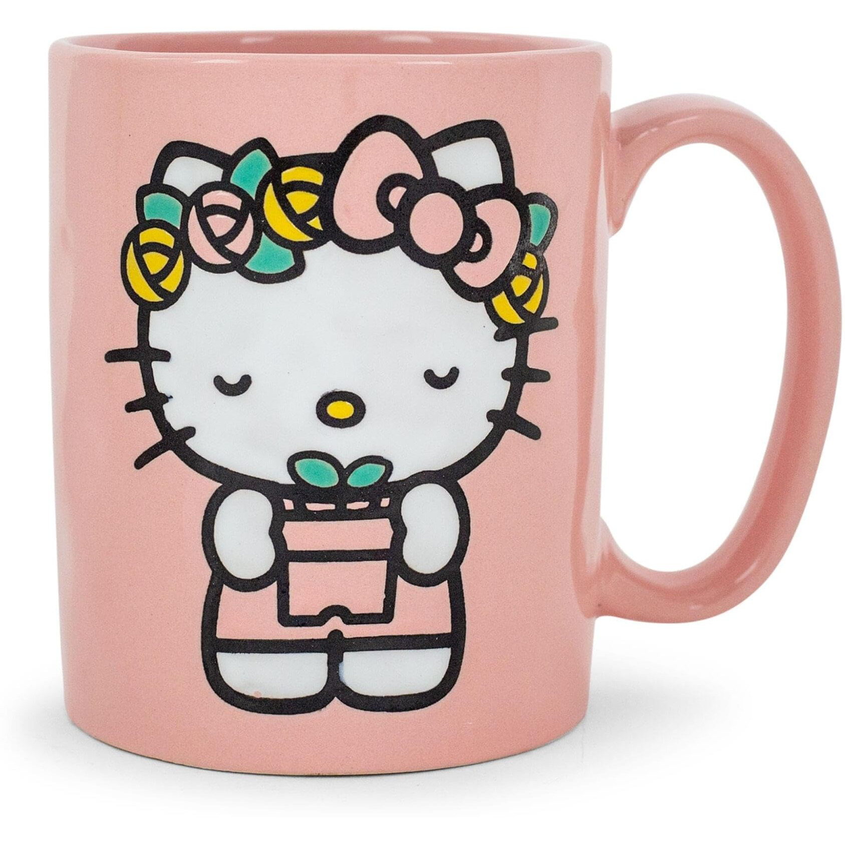 Sanrio Hello Kitty Flower Badge Wax Resist ceramic Pottery Mug  Holds 18 Ounces