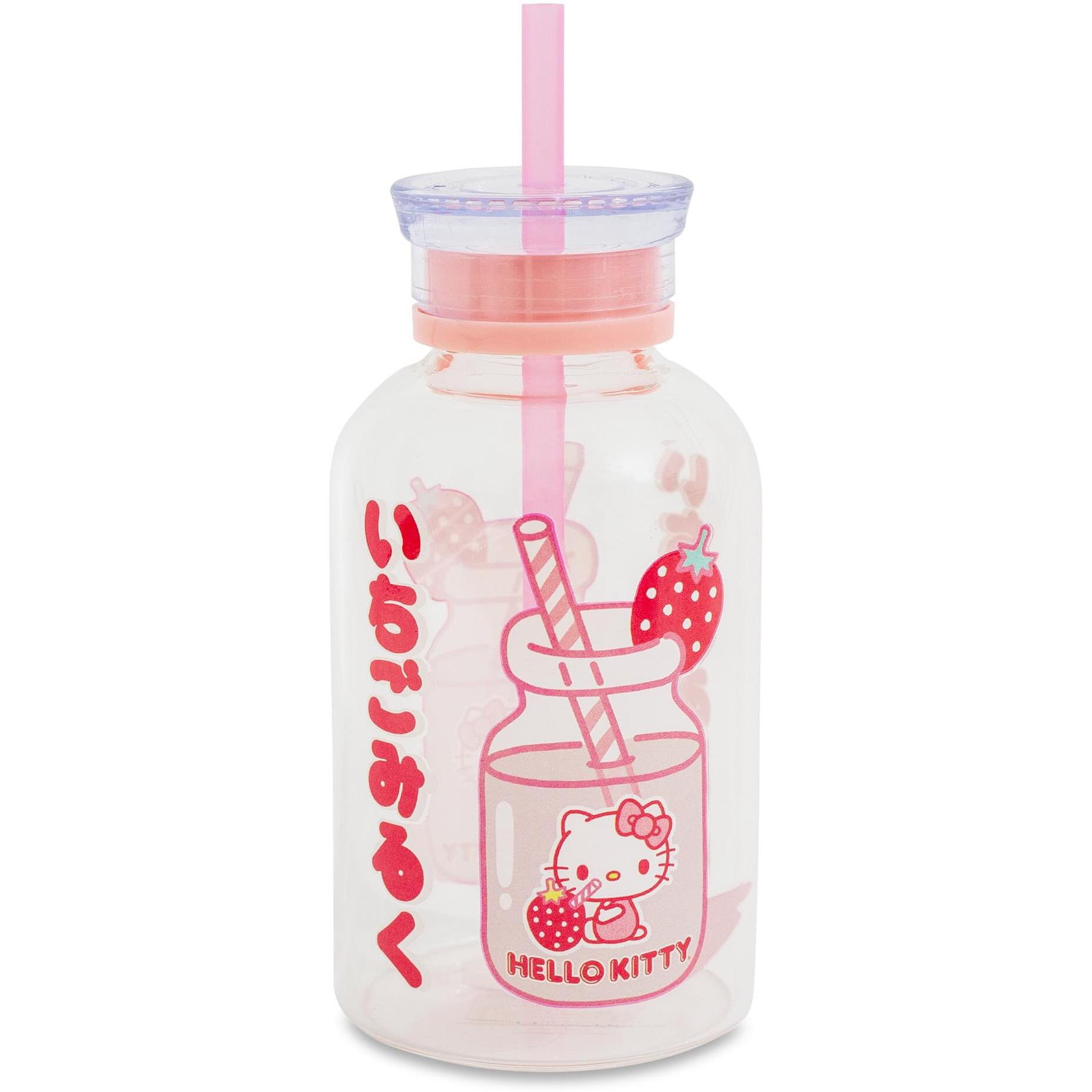 Sanrio Hello Kitty Strawberry glass Milk Bottle With Straw  Holds 15 Ounces