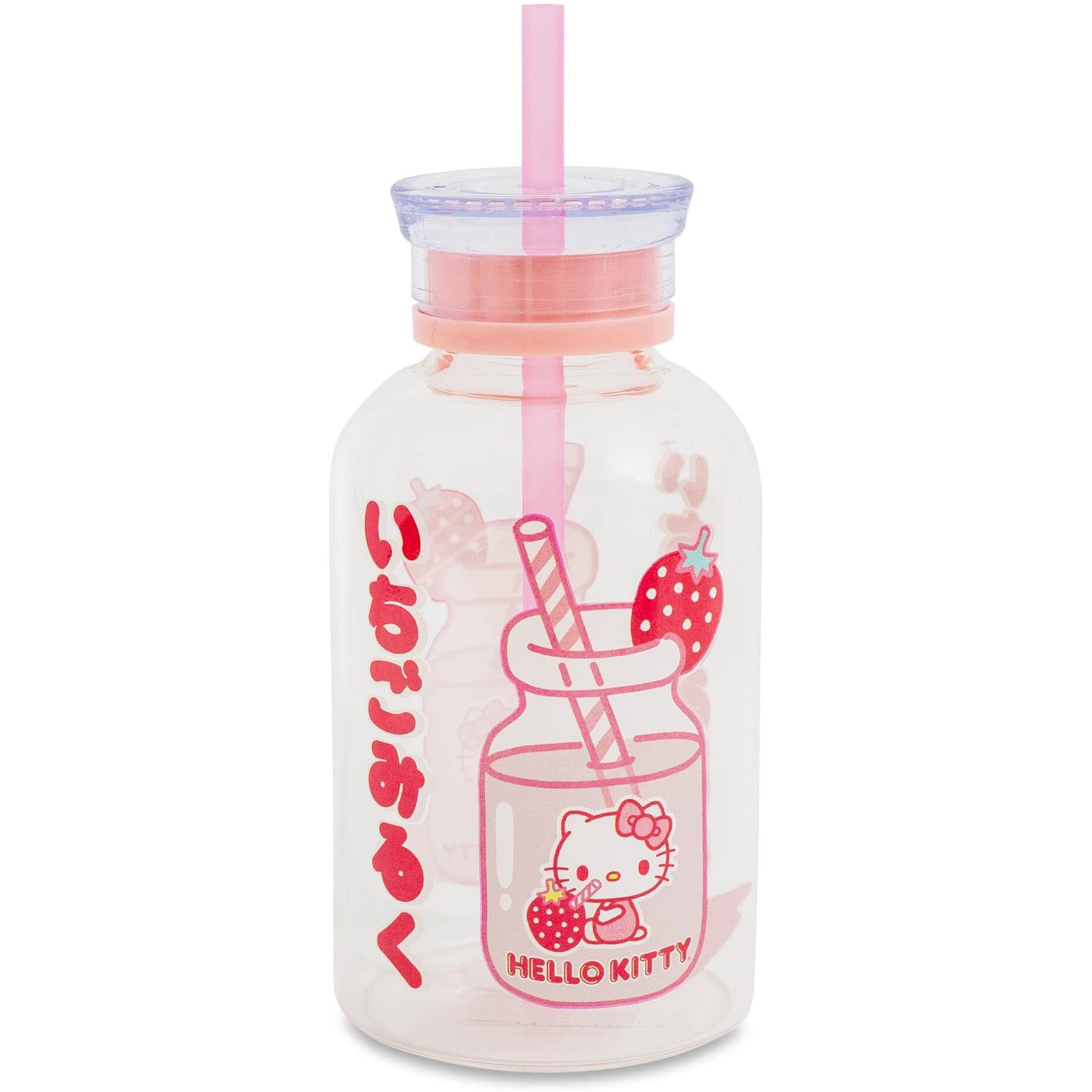 Sanrio Hello Kitty Strawberry glass Milk Bottle With Straw  Holds 15 Ounces