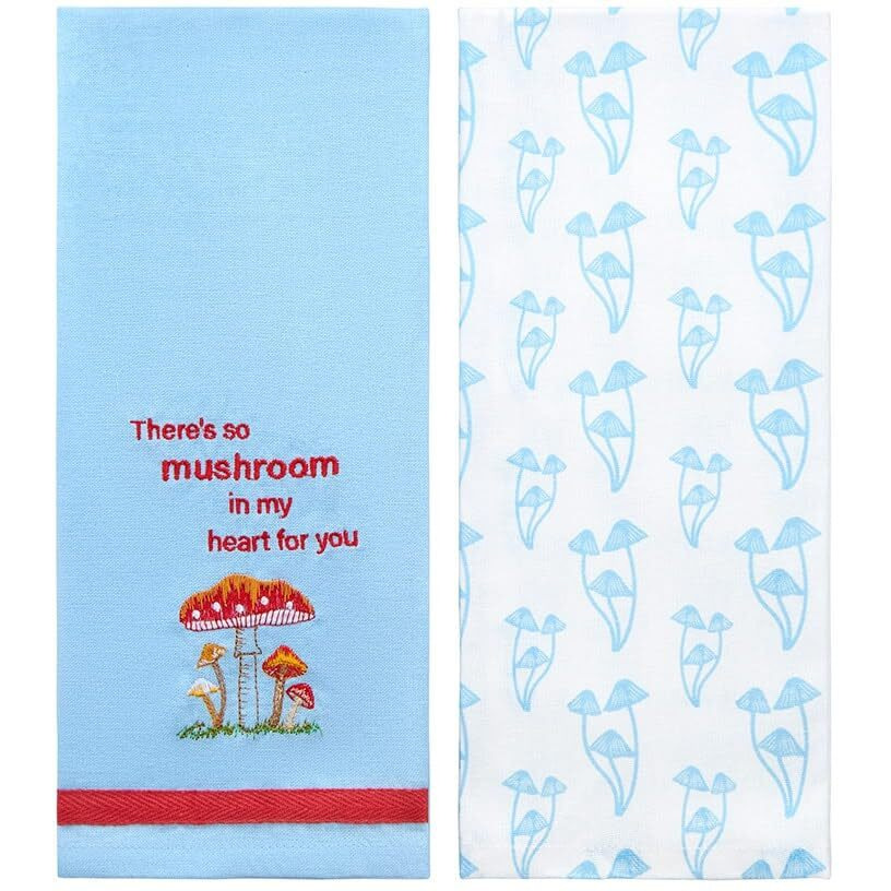 Set of 2 Spring Mushroom Embroidered Kitchen Towels - Mushroom in My Heart