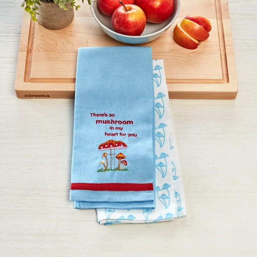 Set of 2 Spring Mushroom Embroidered Kitchen Towels - Mushroom in My Heart