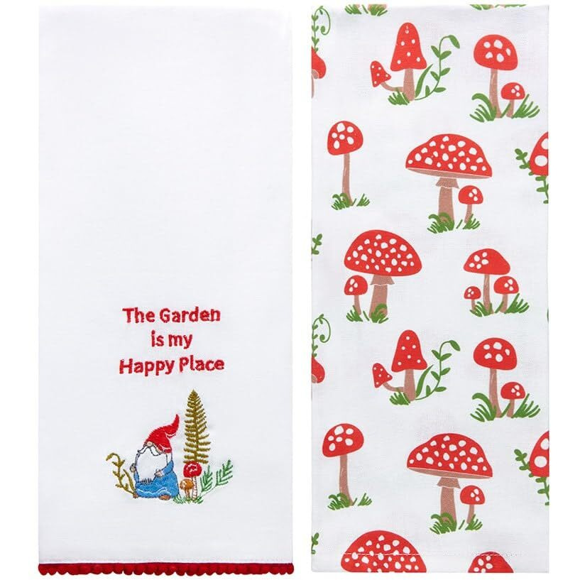Set of 2 Spring Mushroom Embroidered Kitchen Towels - Happy Place Garden